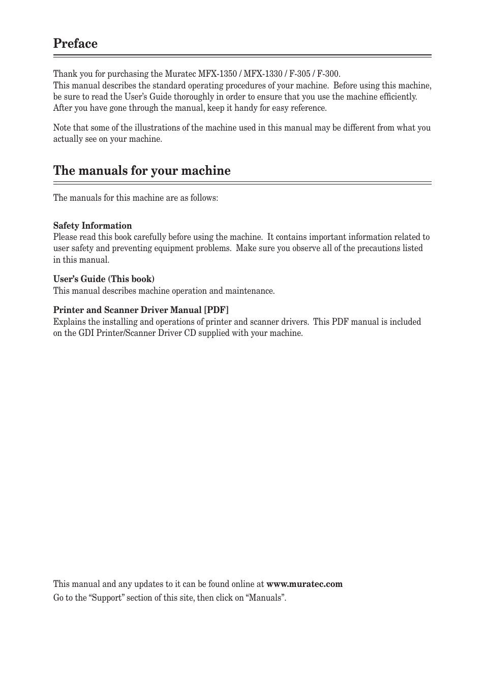 Preface, The manuals for your machine | Muratec MFX-1350 User Manual | Page 2 / 197