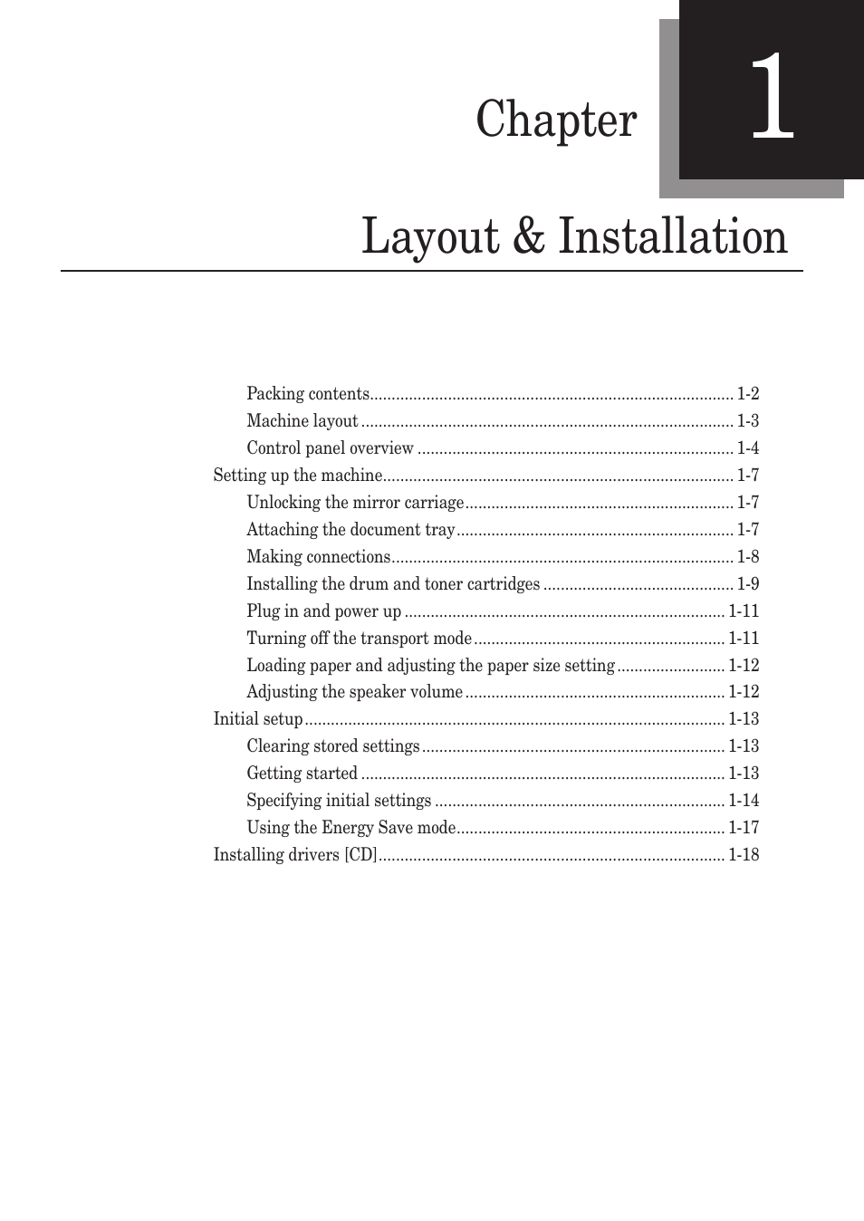 Chapter 1 layout & installation, Chapter 1, Layout & installation -1 | Chapter layout & installation | Muratec MFX-1350 User Manual | Page 20 / 197