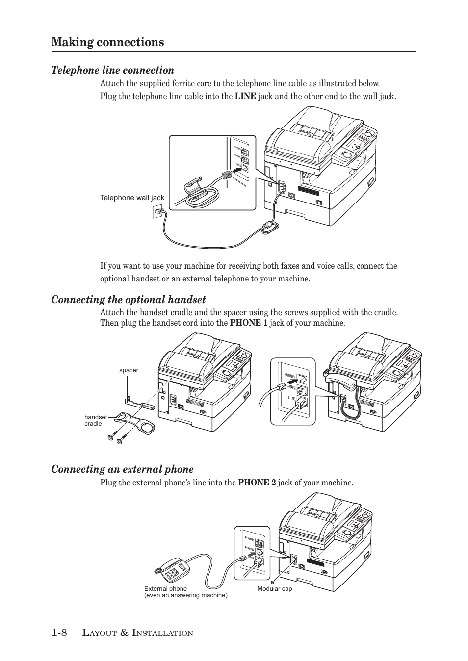 Making connections, Making connections -8, Telephone line connection | Connecting the optional handset, Connecting an external phone | Muratec MFX-1350 User Manual | Page 27 / 197