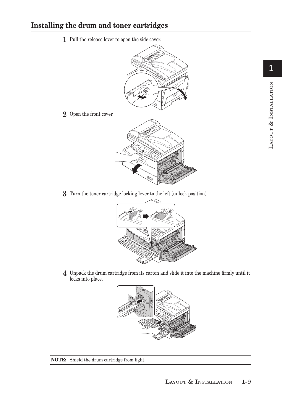 Installing the drum and toner cartridges, Installing the drum and toner cartridges -9, Installing the drum and toner cartridges 1 | Muratec MFX-1350 User Manual | Page 28 / 197
