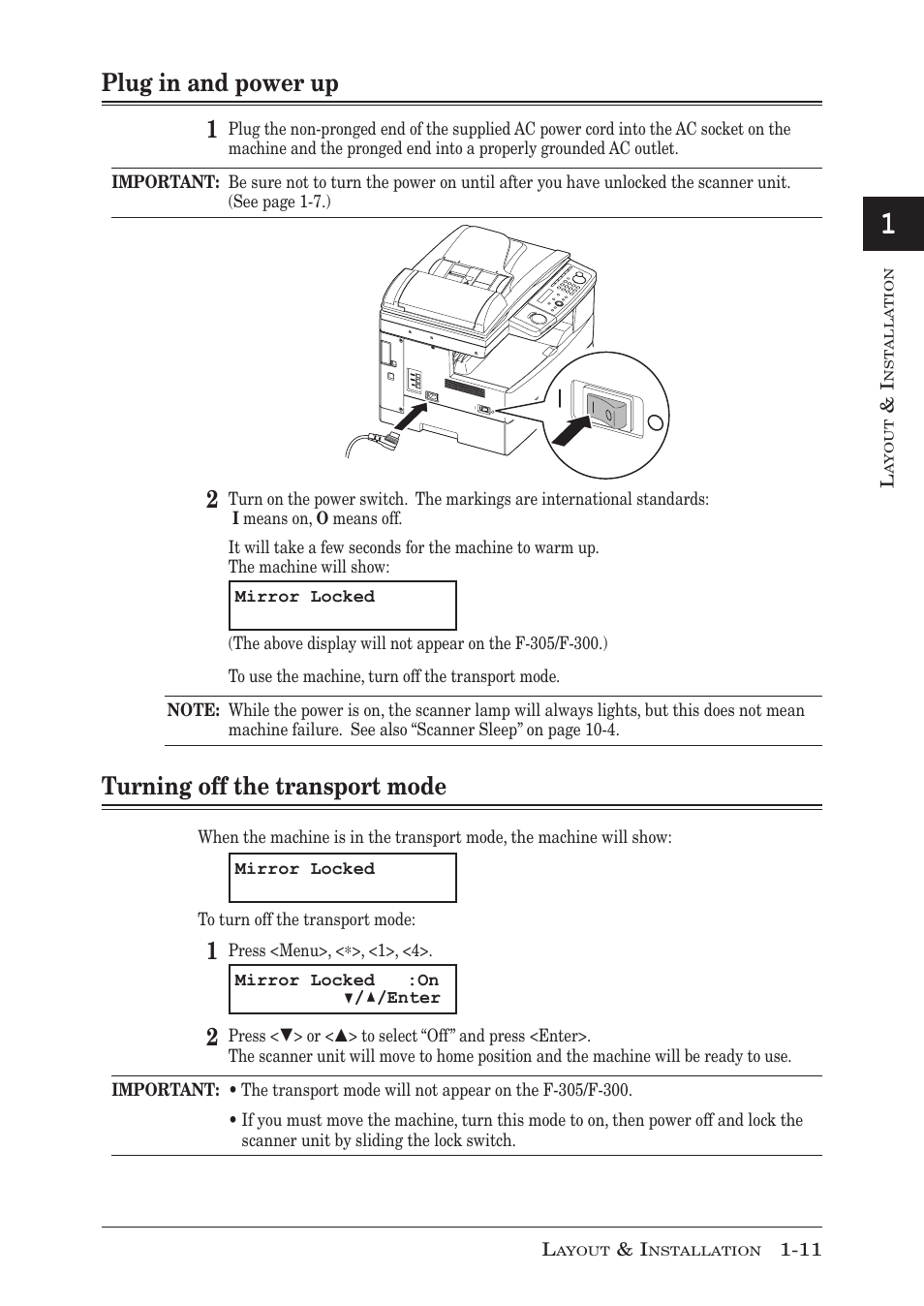 Plug in and power up, Turning off the transport mode, Plug in and power up -11 | Turning off the transport mode -11, Plug in and power up 1 | Muratec MFX-1350 User Manual | Page 30 / 197