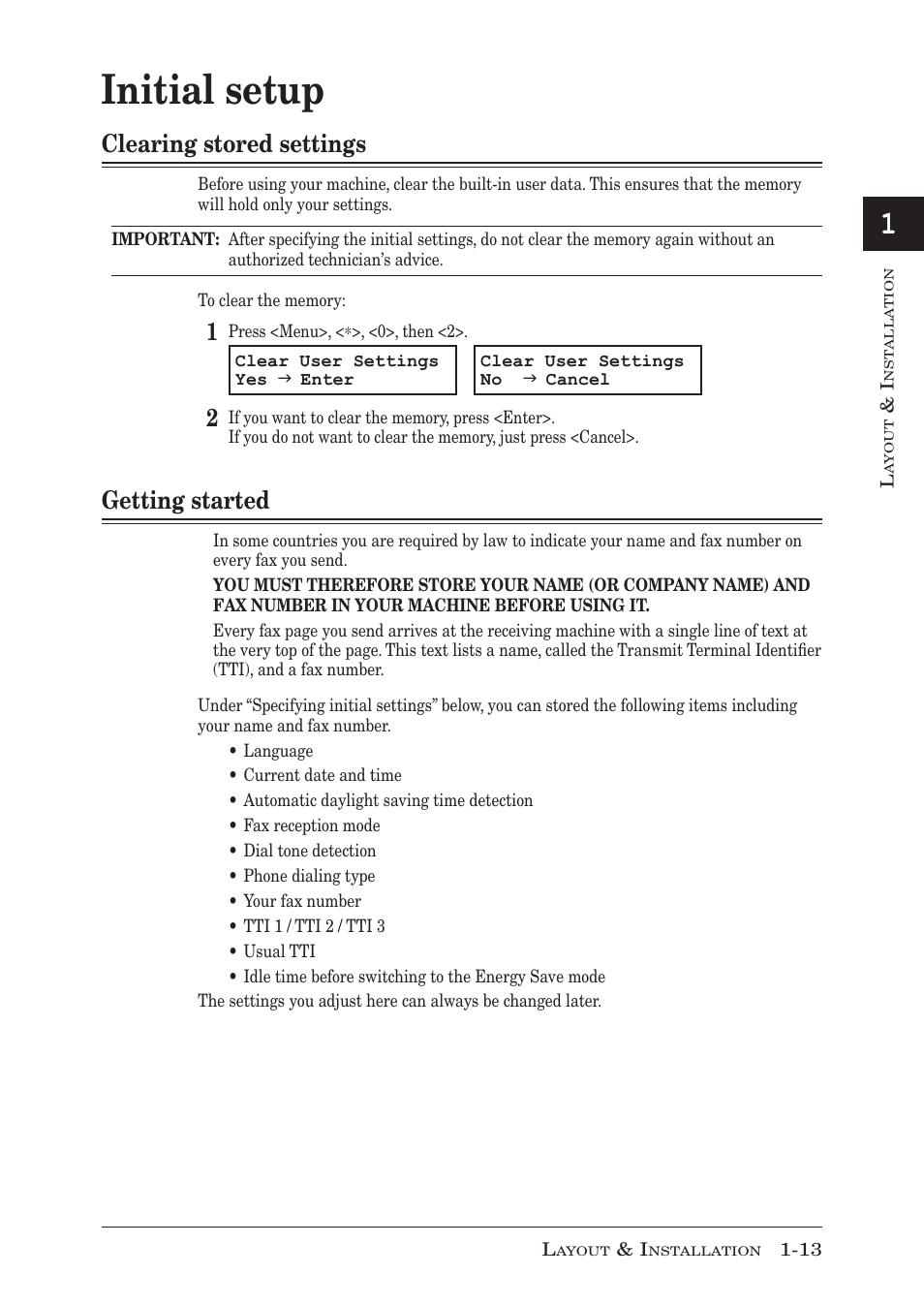 Initial setup, Clearing stored settings, Getting started | Initial setup -13, Clearing stored settings -13, Getting started -13, Clearing stored settings -13 getting started -13 | Muratec MFX-1350 User Manual | Page 32 / 197