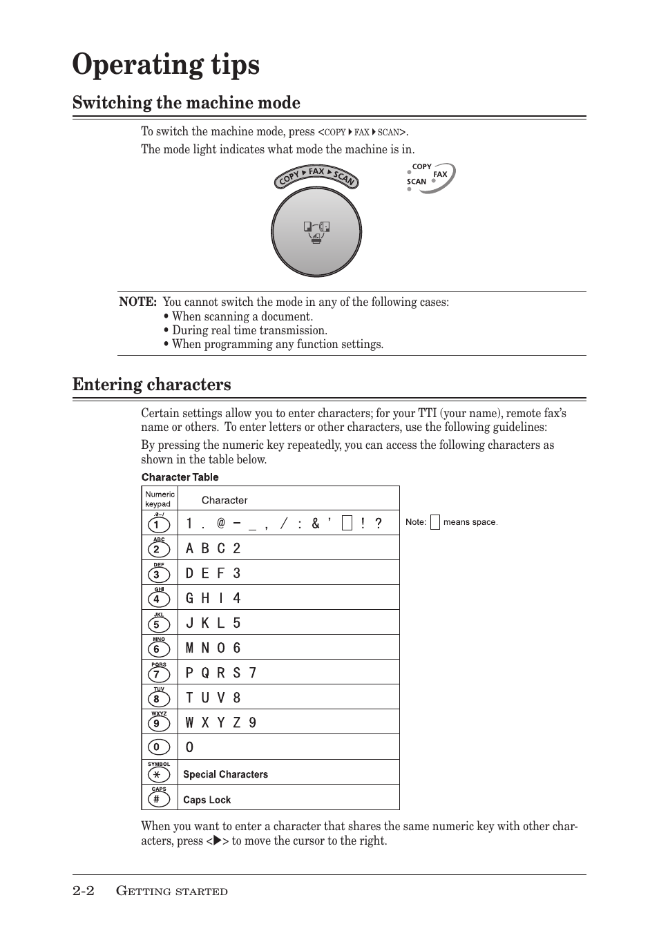 Operating tips, Switching the machine mode, Entering characters | Operating tips -2, Switching the machine mode -2, Entering characters -2 | Muratec MFX-1350 User Manual | Page 39 / 197