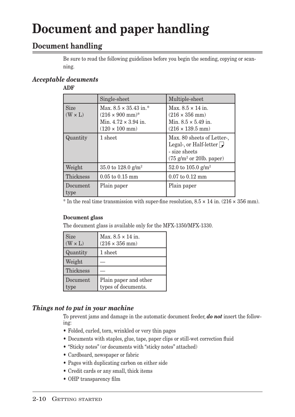 Document and paper handling, Document handling, Document and paper handling -10 | Document handling -10, Acceptable documents, Things not to put in your machine | Muratec MFX-1350 User Manual | Page 47 / 197