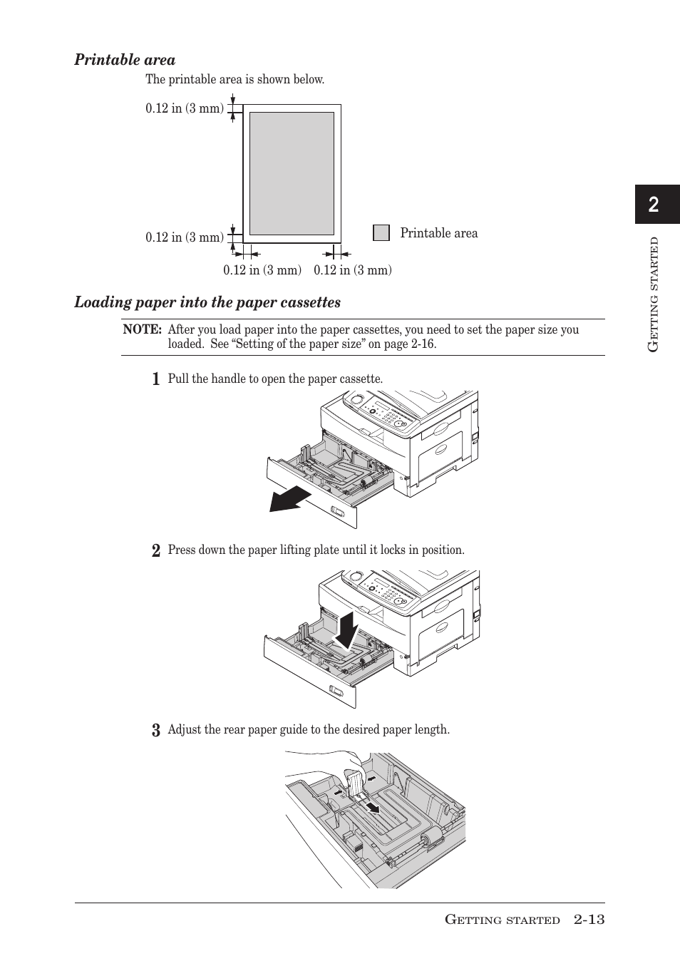 Printable area, Loading paper into the paper cassettes | Muratec MFX-1350 User Manual | Page 50 / 197