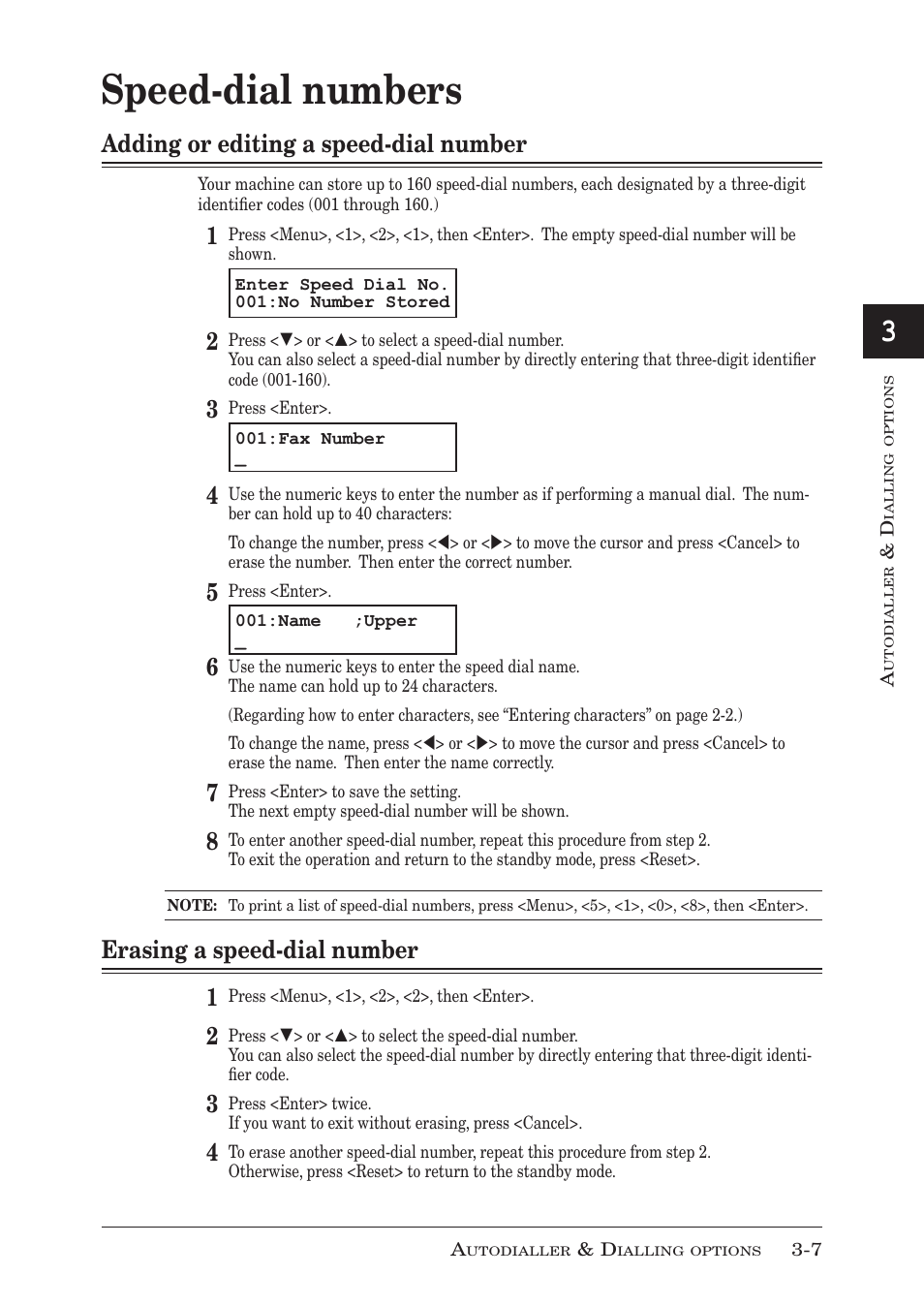 Speed-dial numbers, Adding or editing a speed-dial number, Erasing a speed-dial number | Speed-dial numbers -7, Adding or editing a speed-dial number -7, Erasing a speed-dial number -7, Erasing a speed-dial number 1 | Muratec MFX-1350 User Manual | Page 60 / 197
