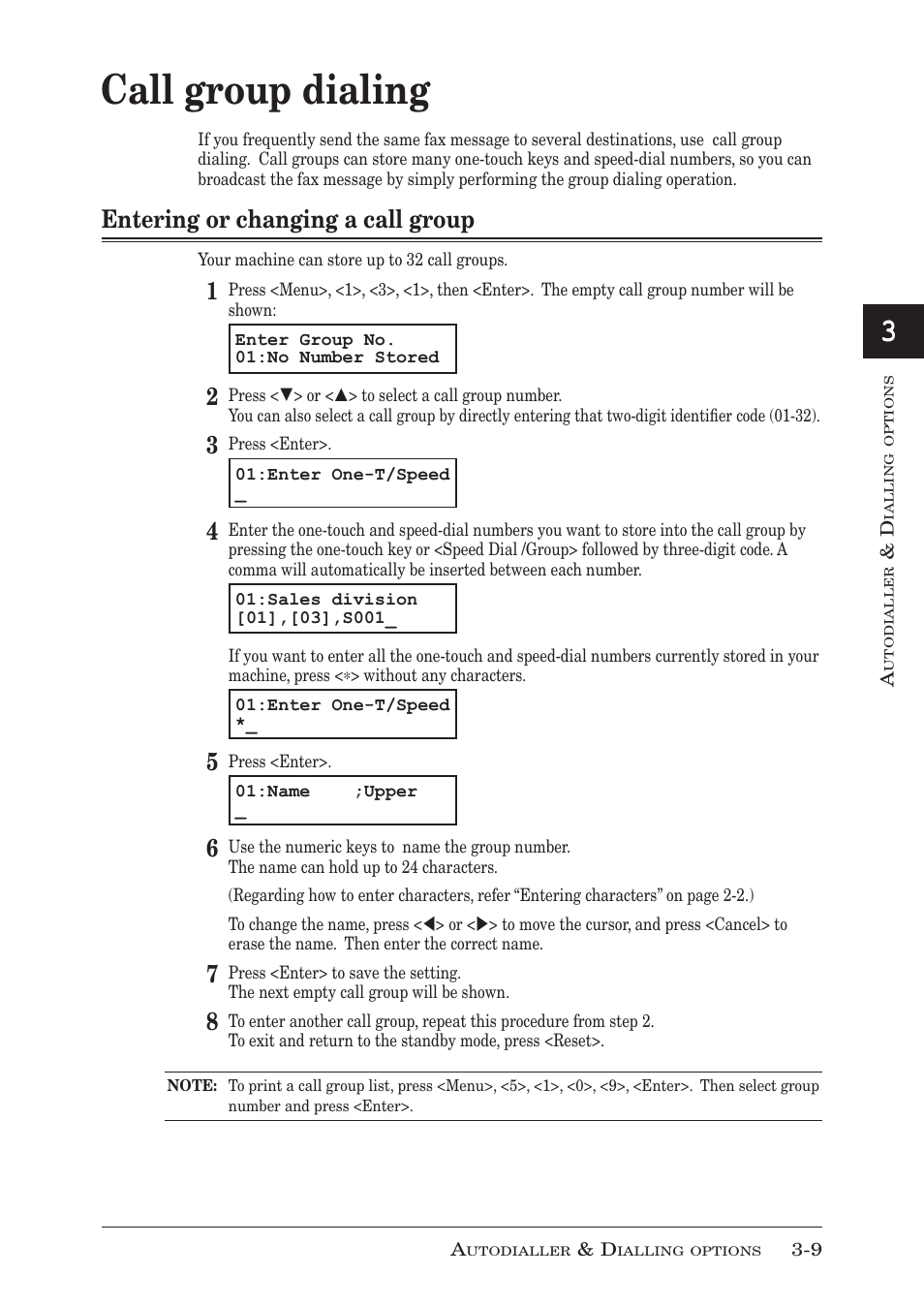 Call group dialing, Entering or changing a call group, Call group dialing -9 | Entering or changing a call group -9 | Muratec MFX-1350 User Manual | Page 62 / 197