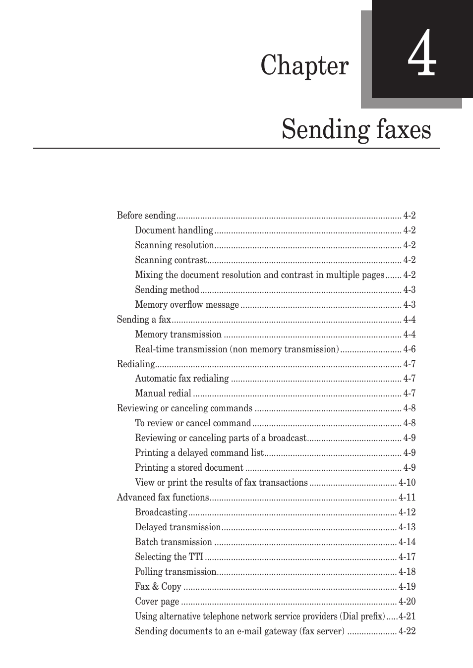 Chapter 4 sending faxes, Chapter 4, Sending faxes -1 | Chapter sending faxes | Muratec MFX-1350 User Manual | Page 66 / 197