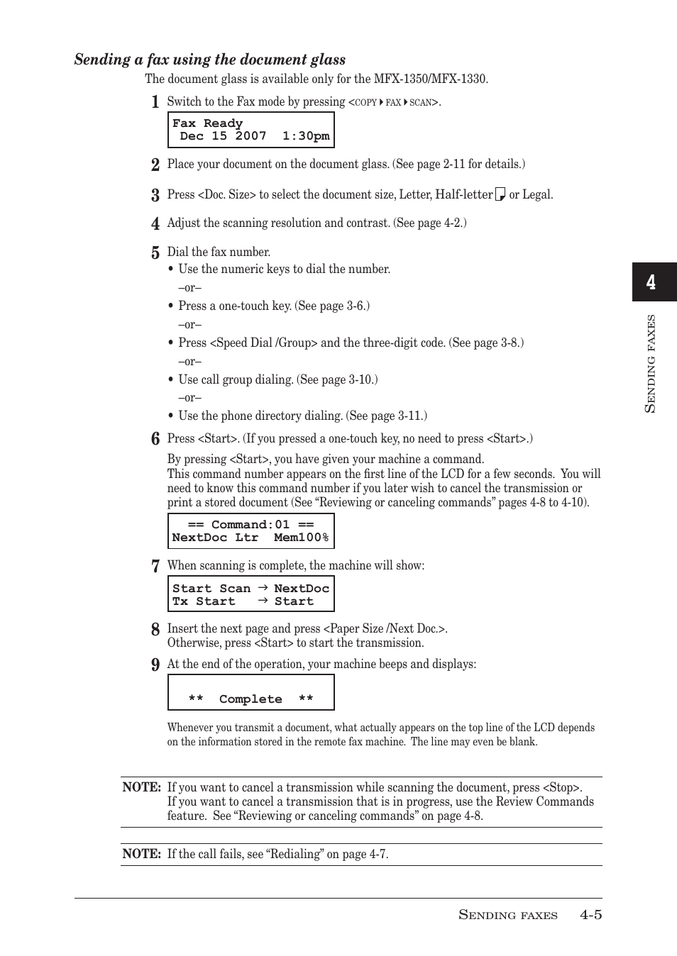 Sending a fax using the document glass | Muratec MFX-1350 User Manual | Page 70 / 197