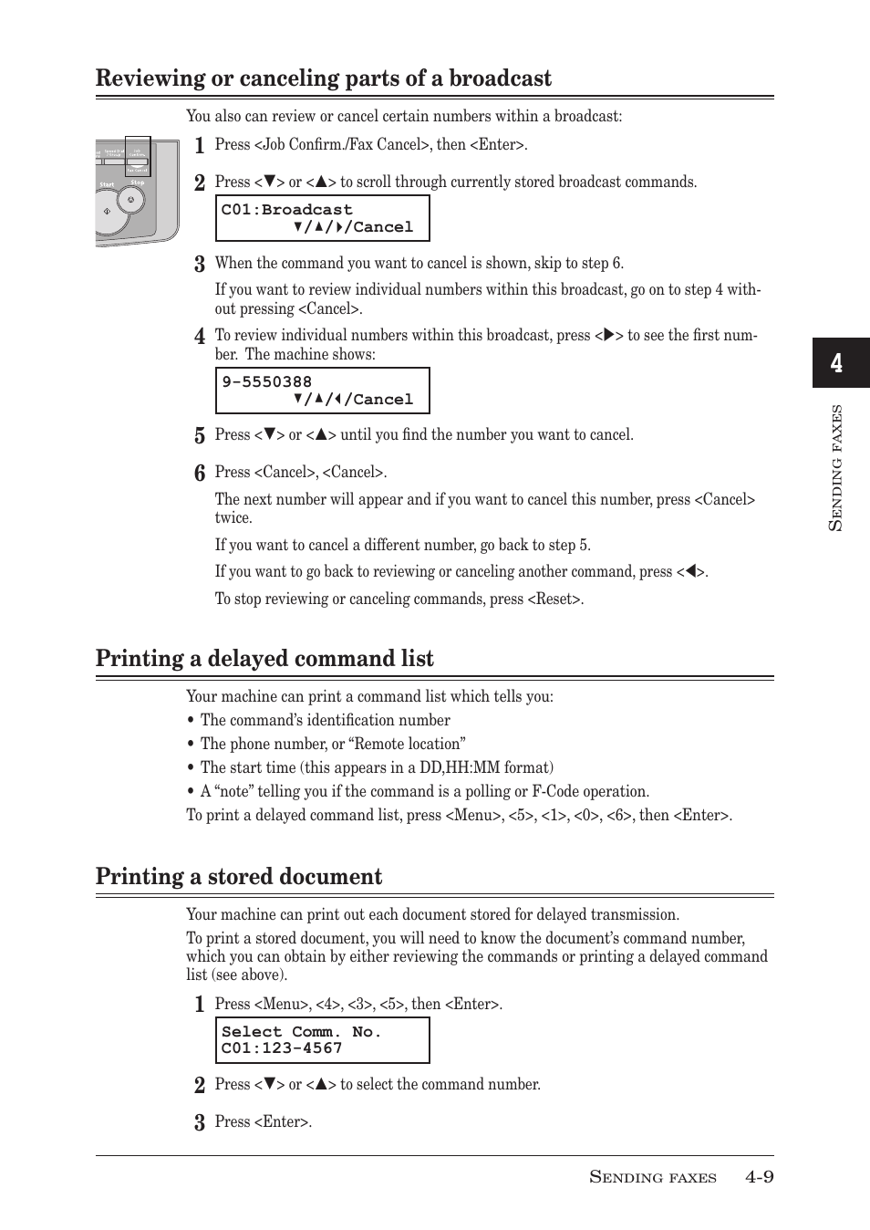 Reviewing or canceling parts of a broadcast, Printing a delayed command list, Printing a stored document | Reviewing or canceling parts of a broadcast -9, Printing a delayed command list -9, Printing a stored document -9 | Muratec MFX-1350 User Manual | Page 74 / 197