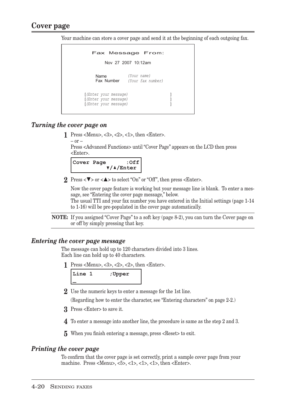 P. 4-20, Cover page, Turning the cover page on | Entering the cover page message, Printing the cover page | Muratec MFX-1350 User Manual | Page 85 / 197