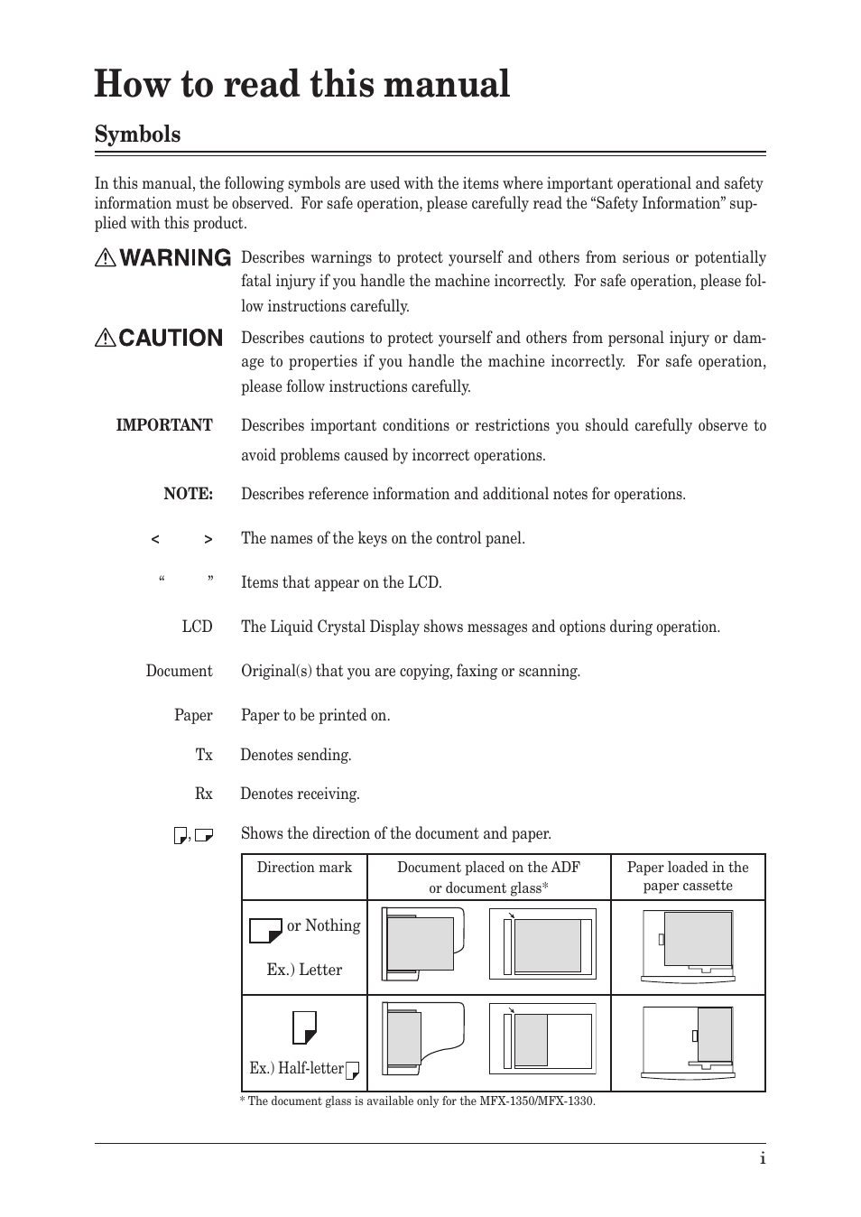 How to read this manual, Symbols | Muratec MFX-1350 User Manual | Page 9 / 197