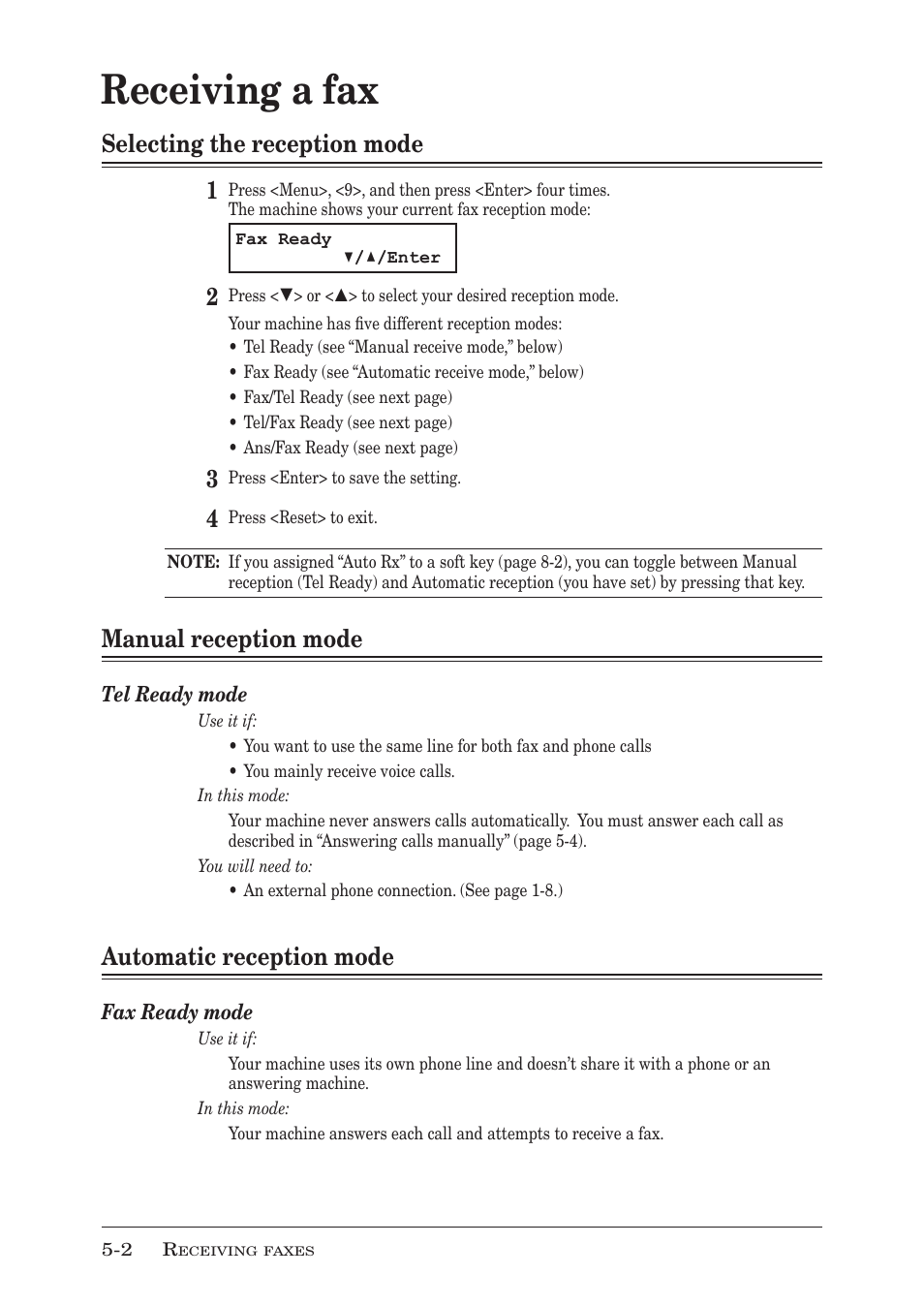Receiving a fax, Selecting the reception mode, Manual reception mode | Automatic reception mode, Receiving a fax -2, Selecting the reception mode -2, Manual reception mode -2, Automatic reception mode -2, P. 5-2, Selecting the reception mode 1 | Muratec MFX-1350 User Manual | Page 91 / 197