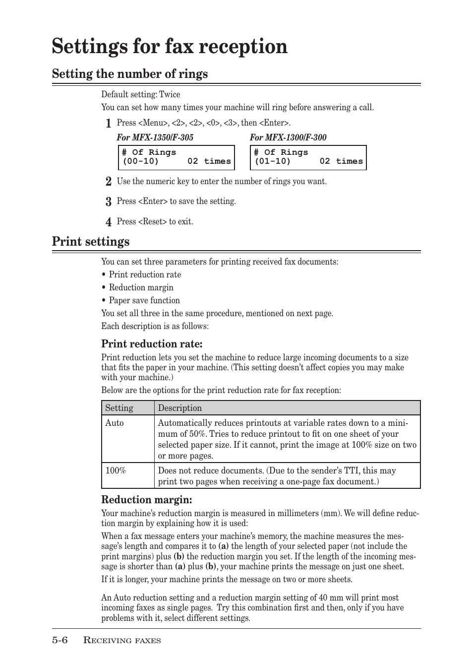Settings for fax reception, Setting the number of rings, Print settings | Settings for fax reception -6, Setting the number of rings -6, Print settings -6, Setting the number of rings -6 print settings -6 | Muratec MFX-1350 User Manual | Page 95 / 197