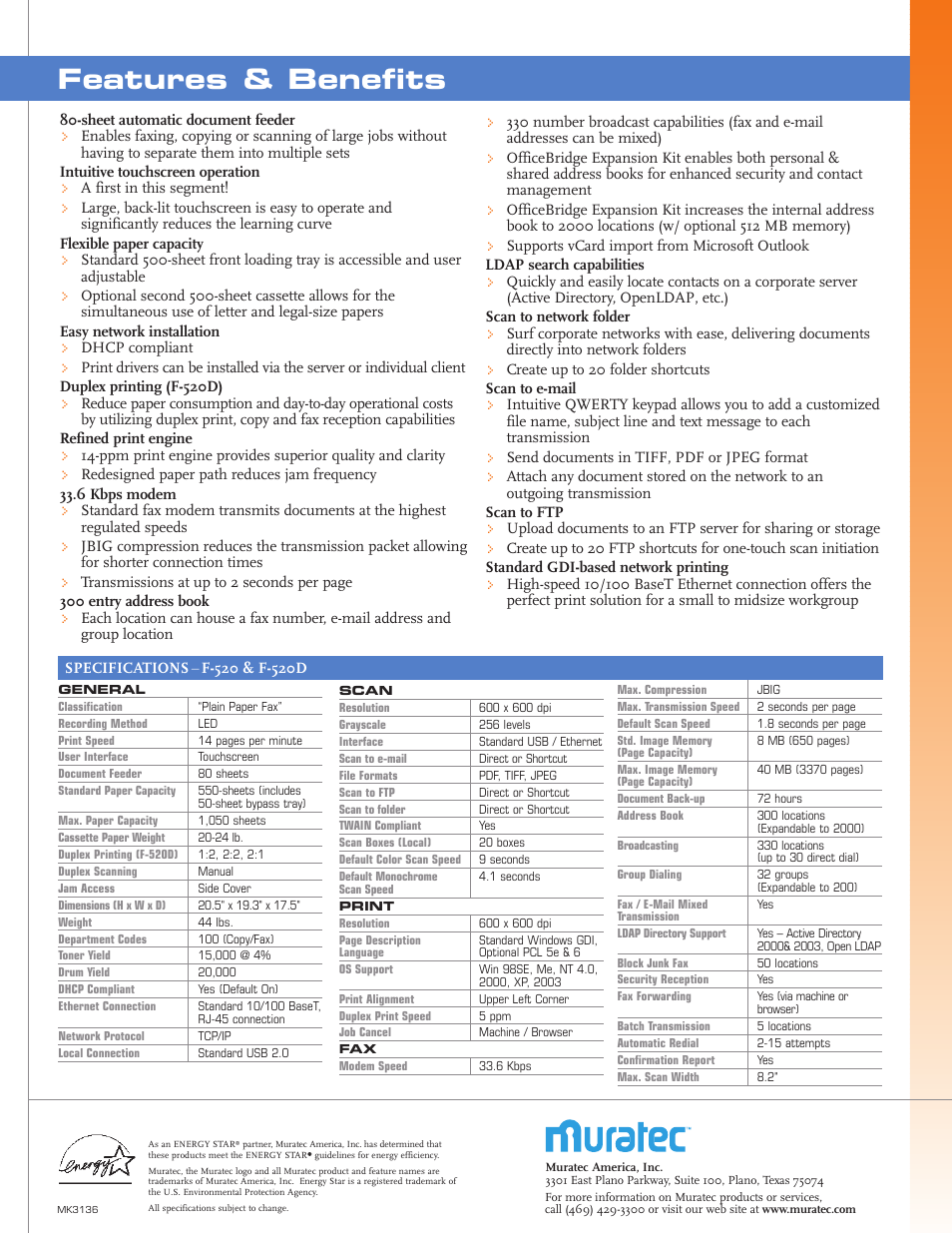 Features & benefits | Muratec F-520D User Manual | Page 2 / 2