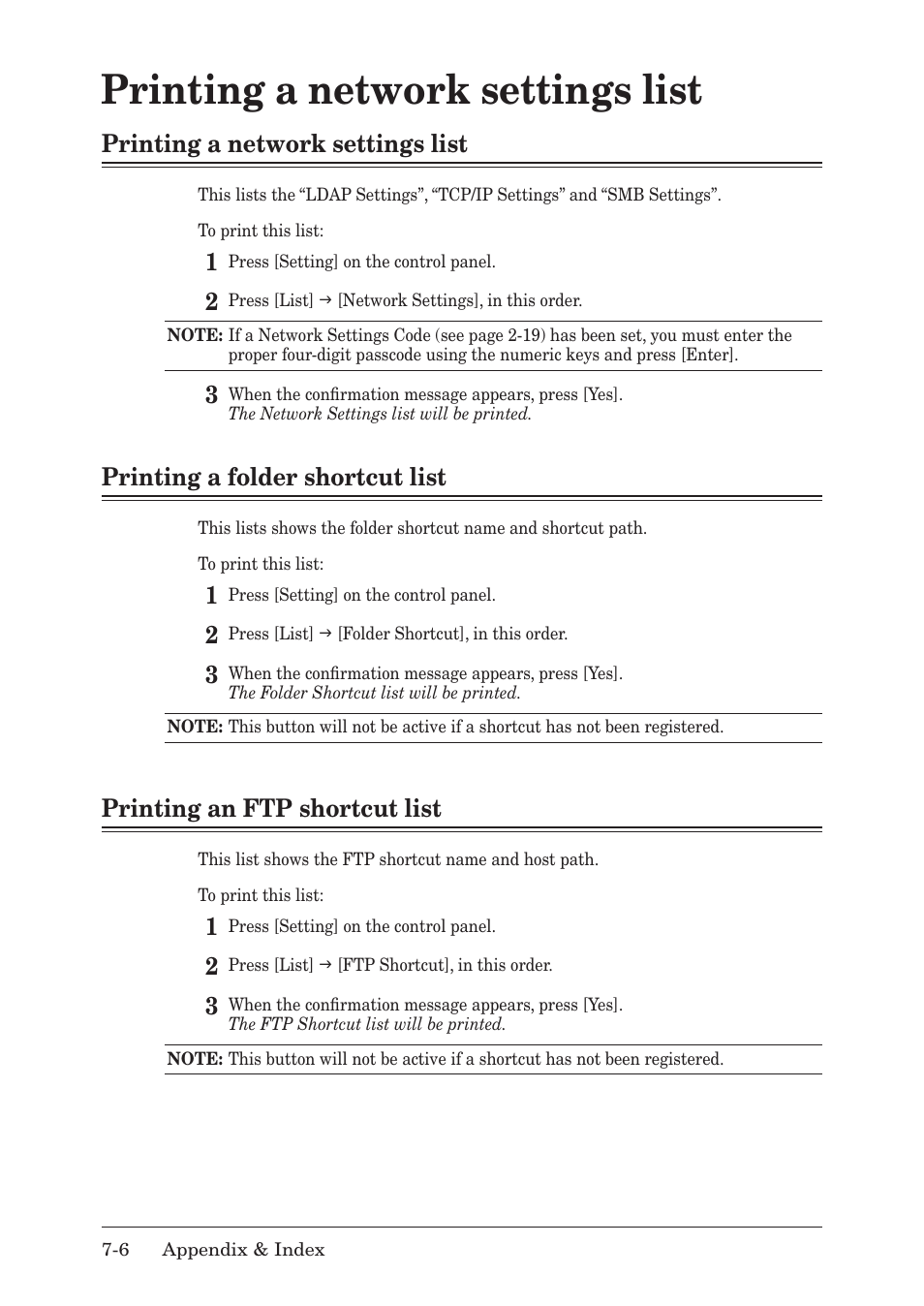 Printing a network settings list, Printing a folder shortcut list, Printing an ftp shortcut list | Muratec F-520 User Manual | Page 107 / 110