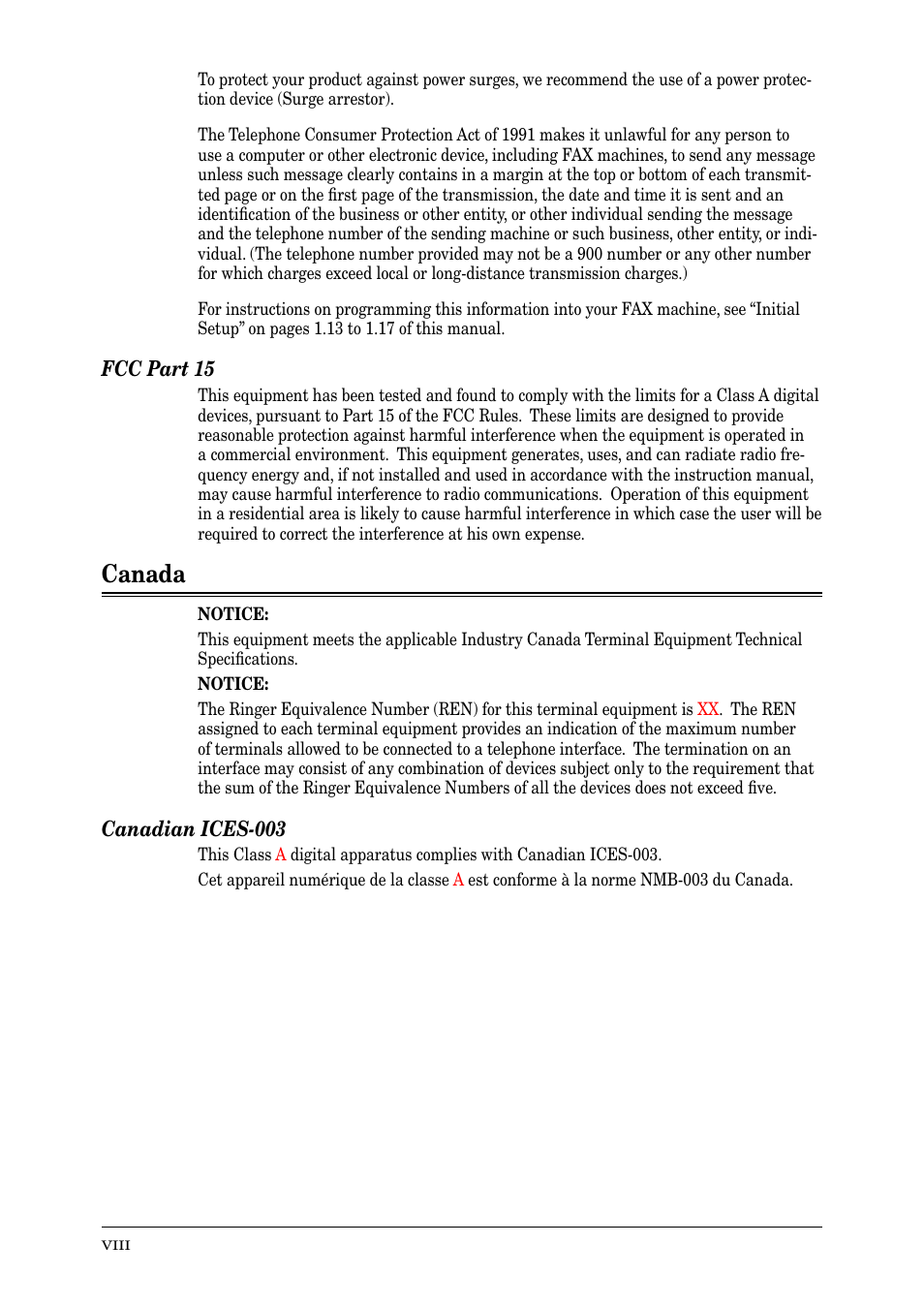 Canada, Fcc part 15, Canadian ices-003 | Muratec PLAIN-PAPER DIGITAL FAX/COPIER/PRINTER/SCANNER MFX-1330 User Manual | Page 10 / 189