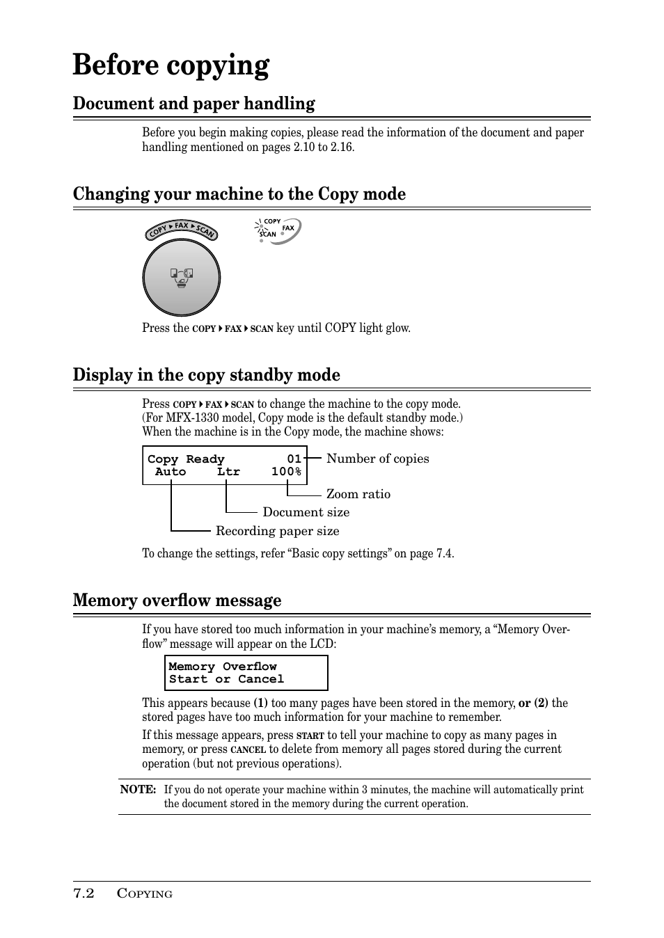 Before copying, Document and paper handling, Changing your machine to the copy mode | Display in the copy standby mode | Muratec PLAIN-PAPER DIGITAL FAX/COPIER/PRINTER/SCANNER MFX-1330 User Manual | Page 114 / 189