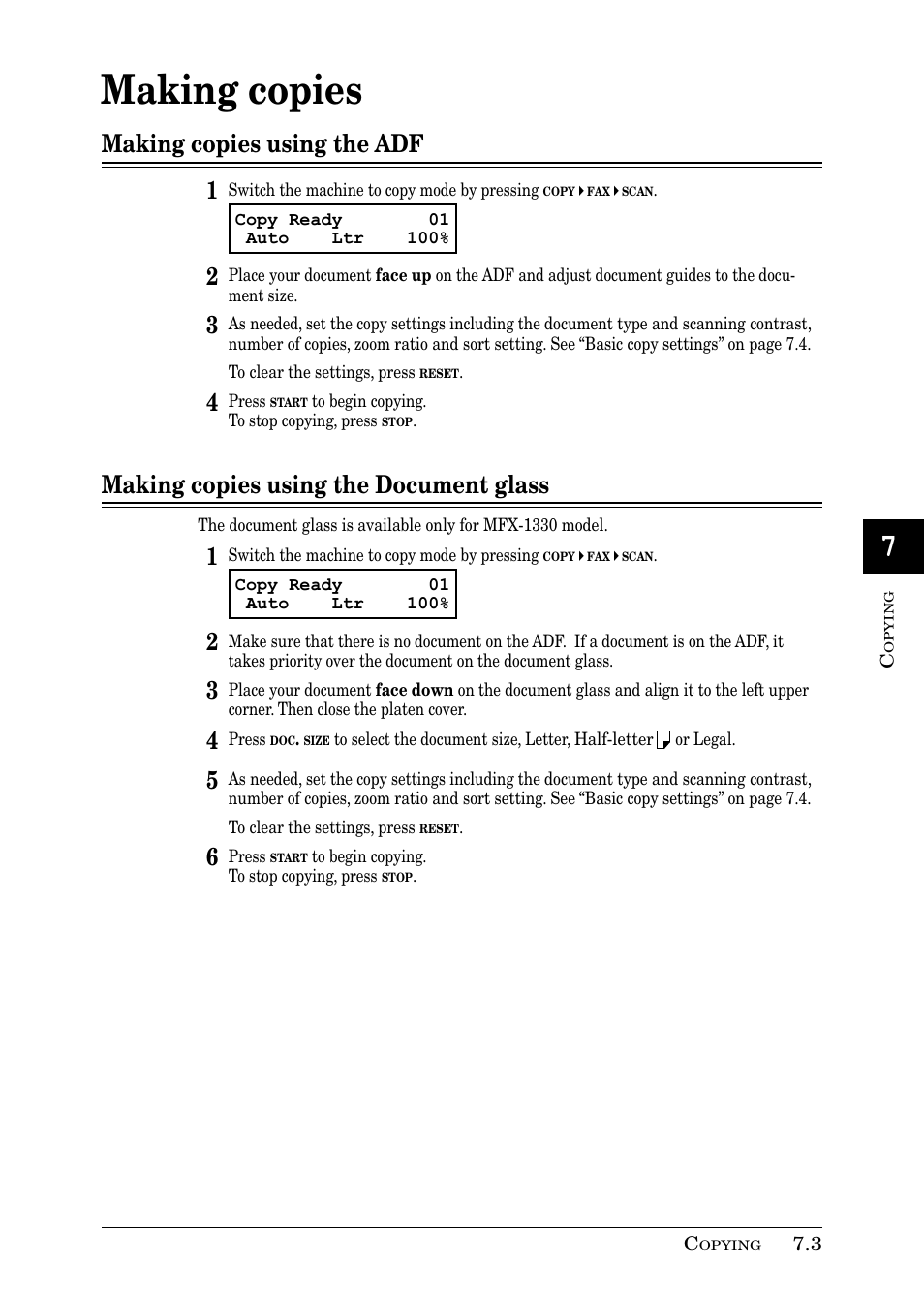 Making copies, Making copies using the adf 1, Making copies using the document glass | Muratec PLAIN-PAPER DIGITAL FAX/COPIER/PRINTER/SCANNER MFX-1330 User Manual | Page 115 / 189