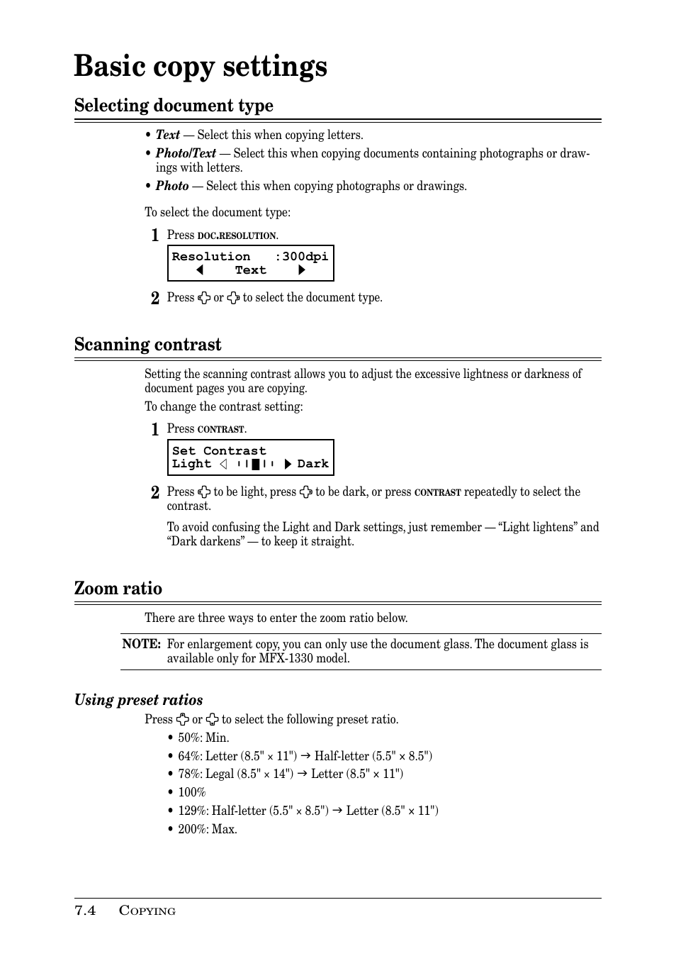 Basic copy settings, Selecting document type, Scanning contrast | Zoom ratio, Using preset ratios | Muratec PLAIN-PAPER DIGITAL FAX/COPIER/PRINTER/SCANNER MFX-1330 User Manual | Page 116 / 189