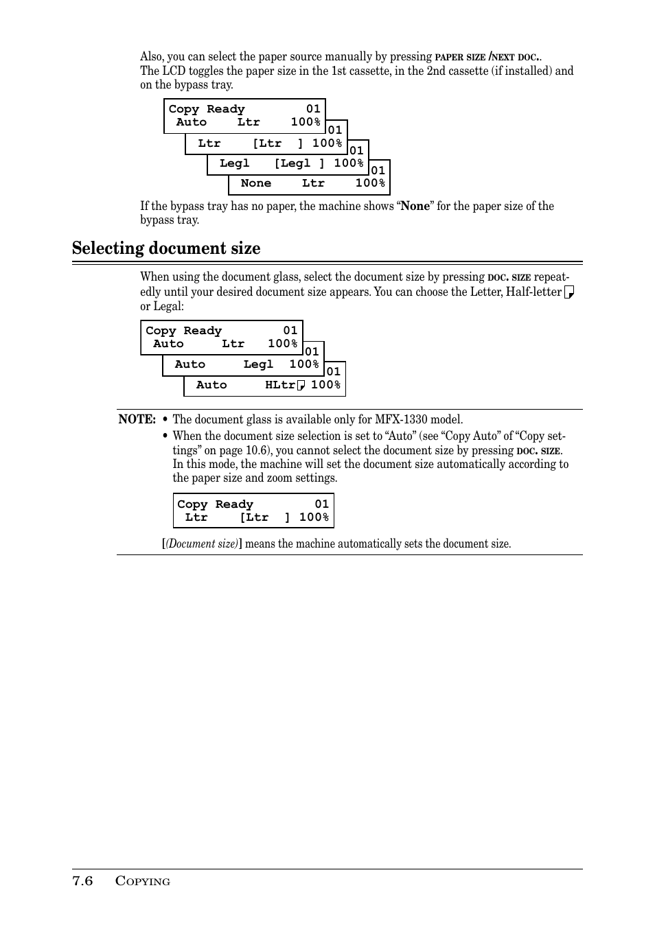 Selecting document size | Muratec PLAIN-PAPER DIGITAL FAX/COPIER/PRINTER/SCANNER MFX-1330 User Manual | Page 118 / 189