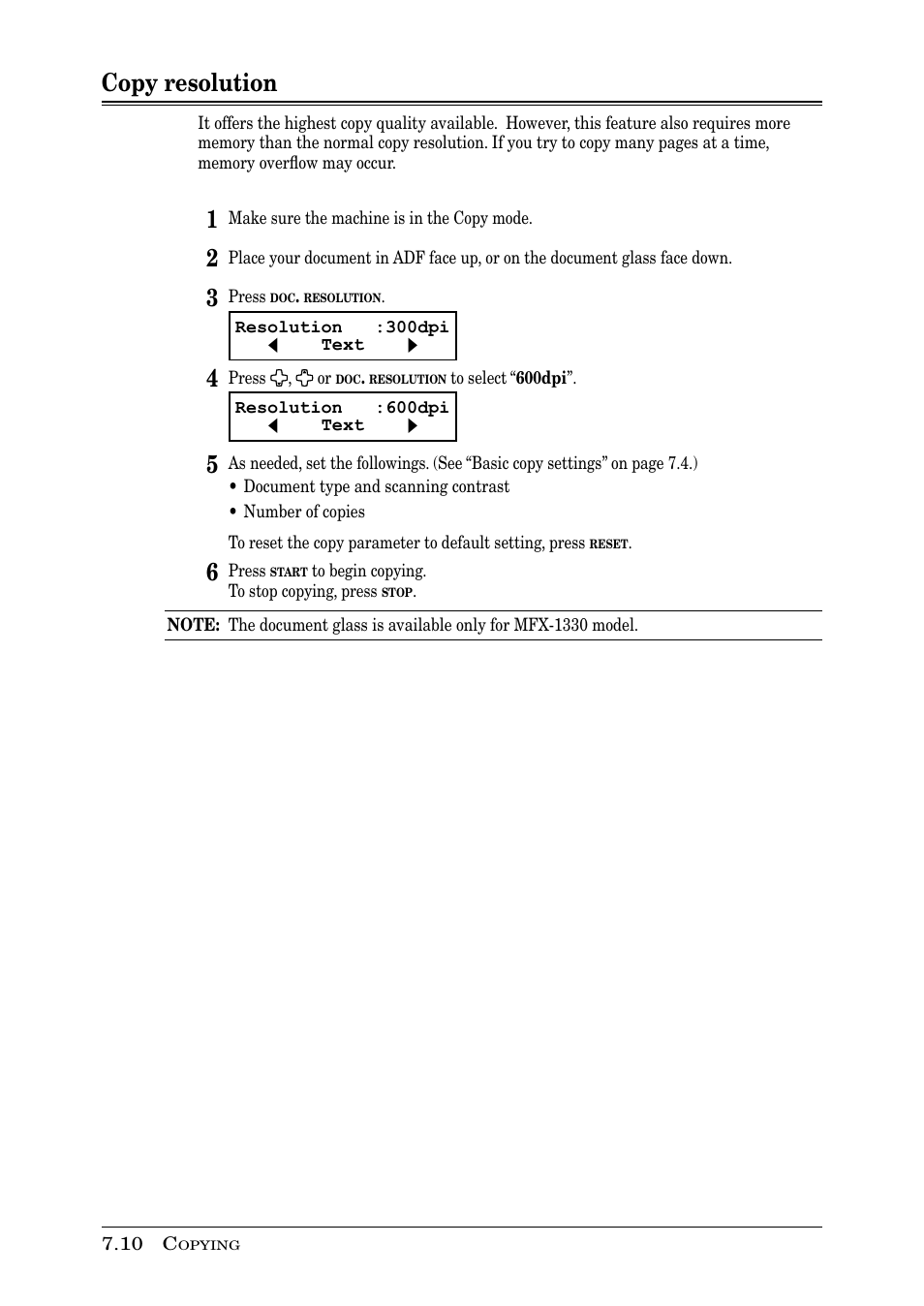 Copy resolution | Muratec PLAIN-PAPER DIGITAL FAX/COPIER/PRINTER/SCANNER MFX-1330 User Manual | Page 122 / 189