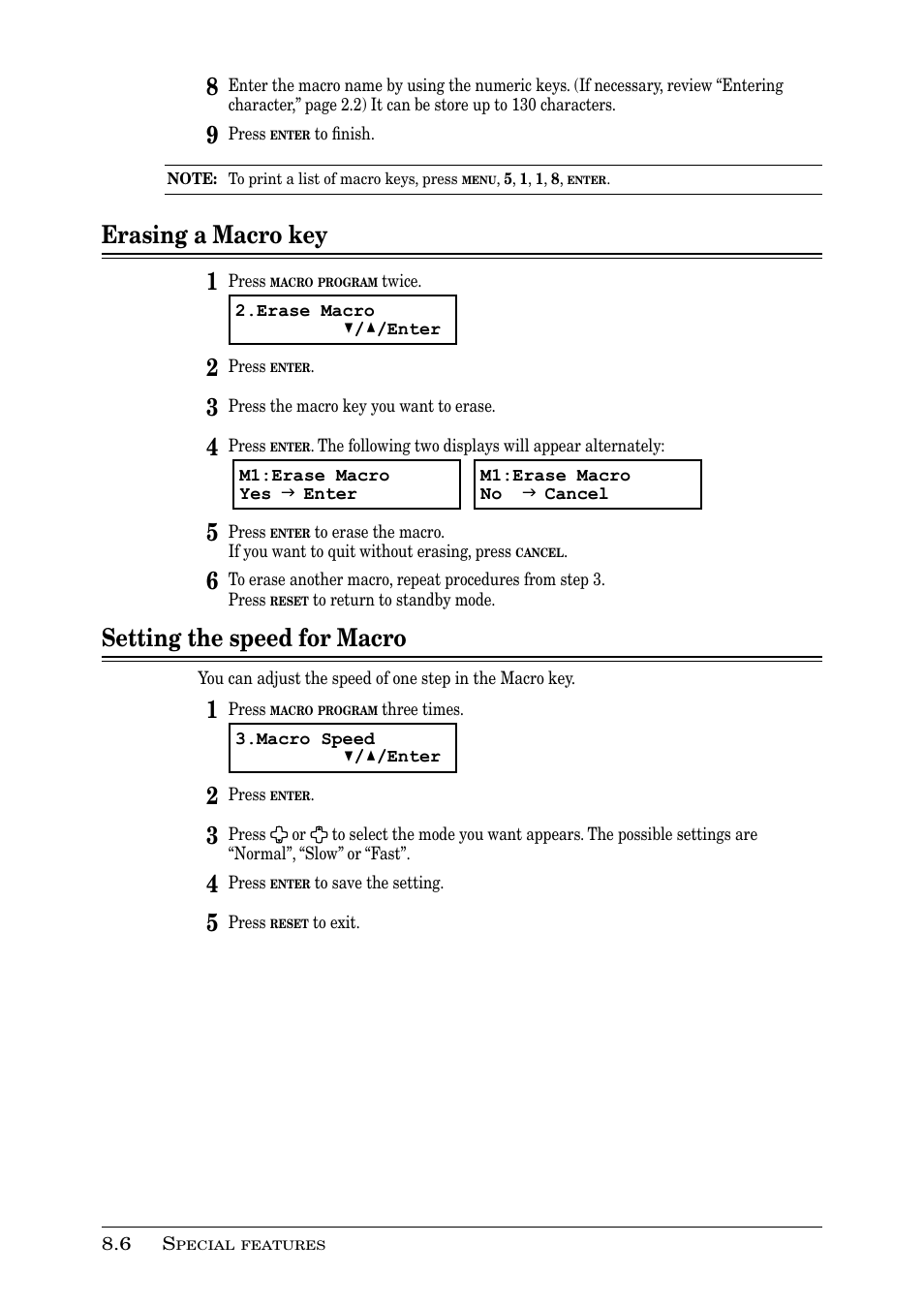 Erasing a macro key 1, Setting the speed for macro | Muratec PLAIN-PAPER DIGITAL FAX/COPIER/PRINTER/SCANNER MFX-1330 User Manual | Page 128 / 189