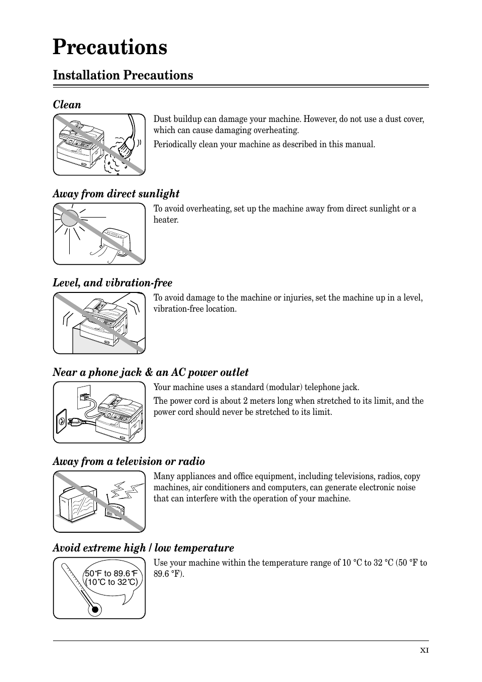 Precautions | Muratec PLAIN-PAPER DIGITAL FAX/COPIER/PRINTER/SCANNER MFX-1330 User Manual | Page 13 / 189