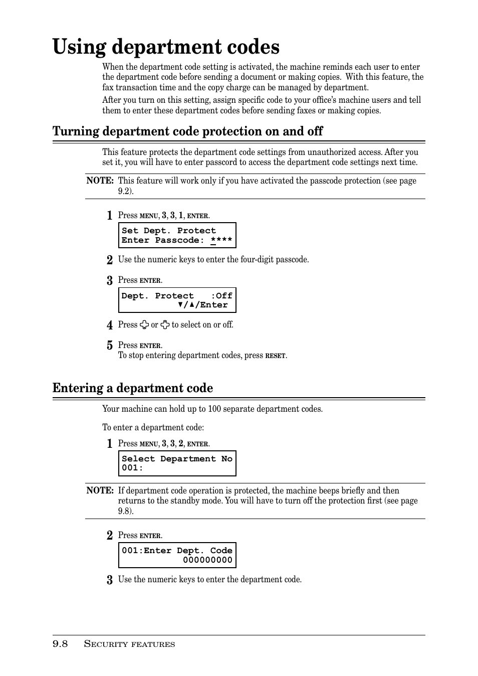 Using department codes, Turning department code protection on and off, Entering a department code | Muratec PLAIN-PAPER DIGITAL FAX/COPIER/PRINTER/SCANNER MFX-1330 User Manual | Page 138 / 189