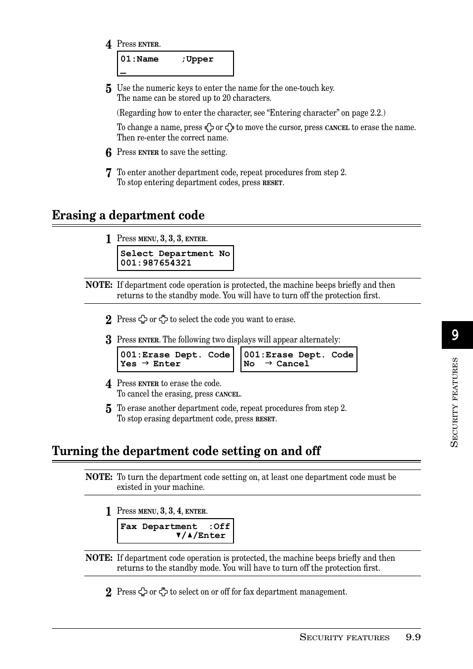 Erasing a department code 1, Turning the department code setting on and off | Muratec PLAIN-PAPER DIGITAL FAX/COPIER/PRINTER/SCANNER MFX-1330 User Manual | Page 139 / 189