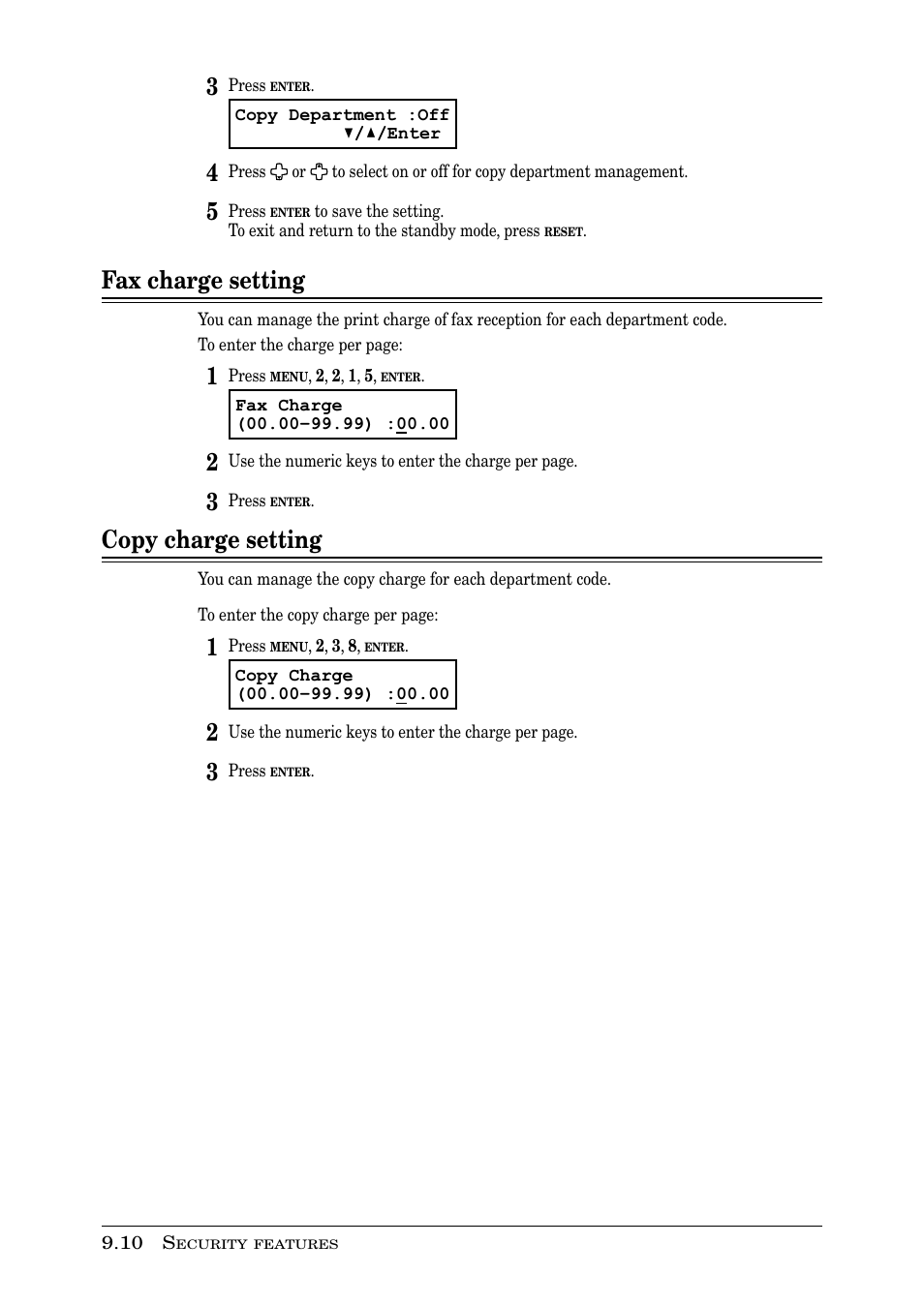 Fax charge setting, Copy charge setting | Muratec PLAIN-PAPER DIGITAL FAX/COPIER/PRINTER/SCANNER MFX-1330 User Manual | Page 140 / 189