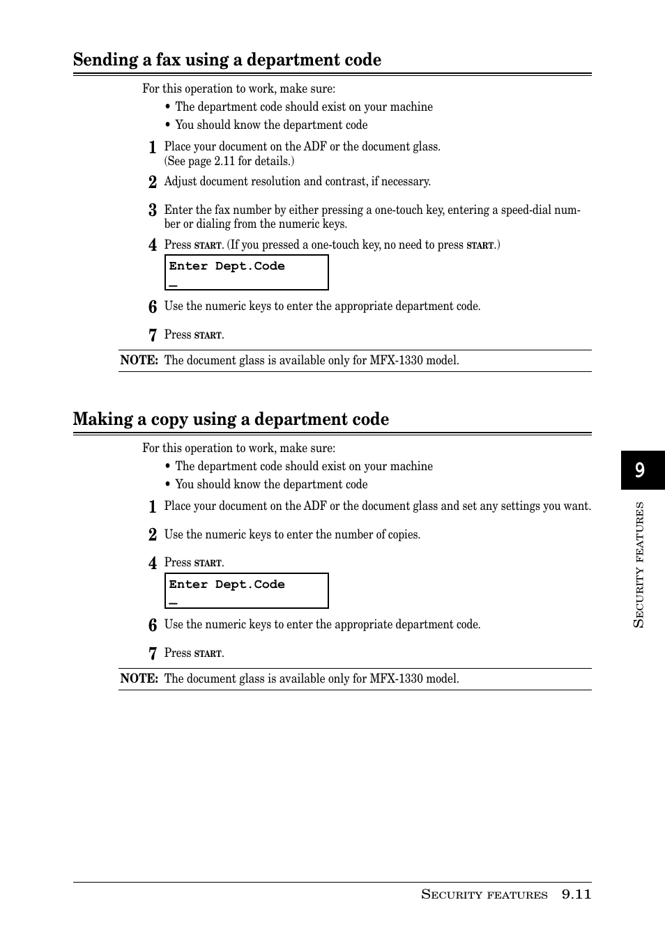 Sending a fax using a department code, Making a copy using a department code | Muratec PLAIN-PAPER DIGITAL FAX/COPIER/PRINTER/SCANNER MFX-1330 User Manual | Page 141 / 189