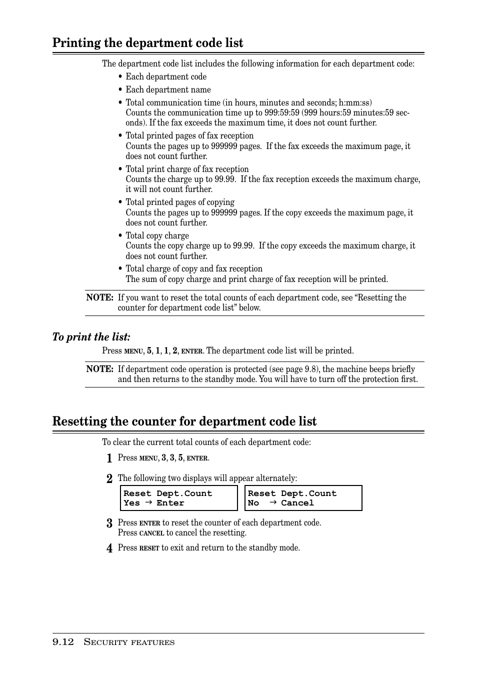 Printing the department code list, Resetting the counter for department code list | Muratec PLAIN-PAPER DIGITAL FAX/COPIER/PRINTER/SCANNER MFX-1330 User Manual | Page 142 / 189