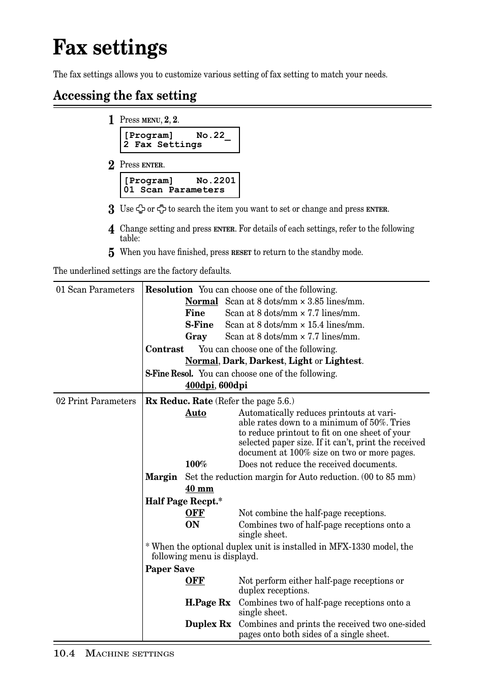 Fax settings, Accessing the fax setting 1 | Muratec PLAIN-PAPER DIGITAL FAX/COPIER/PRINTER/SCANNER MFX-1330 User Manual | Page 148 / 189