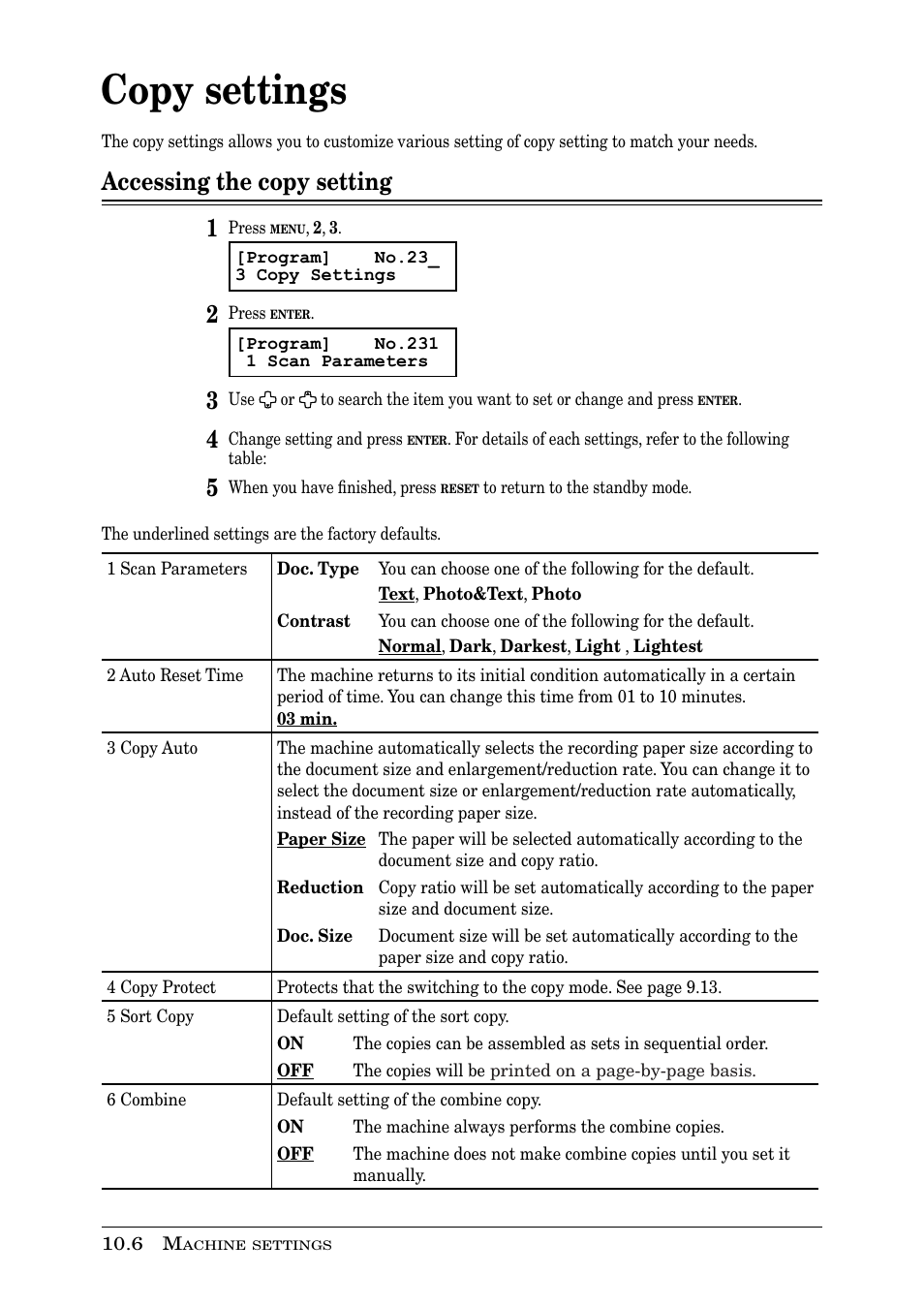 Copy settings, Accessing the copy setting 1 | Muratec PLAIN-PAPER DIGITAL FAX/COPIER/PRINTER/SCANNER MFX-1330 User Manual | Page 150 / 189