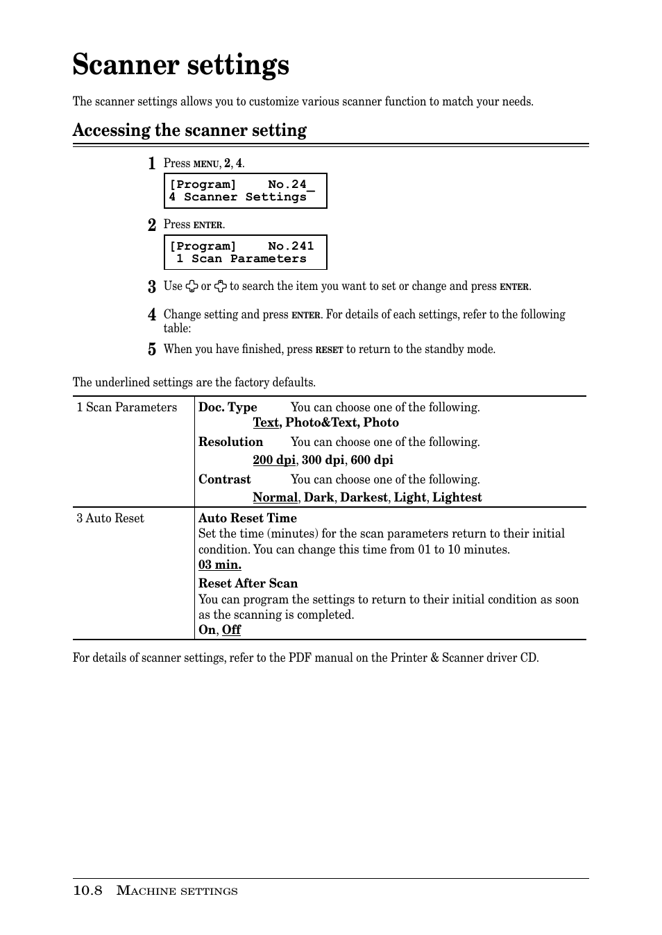 Scanner settings, Accessing the scanner setting 1 | Muratec PLAIN-PAPER DIGITAL FAX/COPIER/PRINTER/SCANNER MFX-1330 User Manual | Page 152 / 189