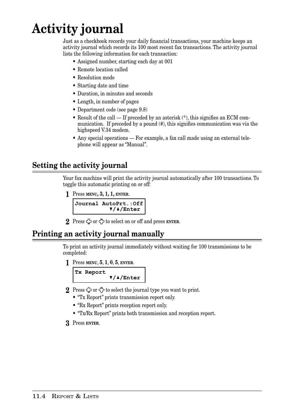 Activity journal, Setting the activity journal, Printing an activity journal manually | Muratec PLAIN-PAPER DIGITAL FAX/COPIER/PRINTER/SCANNER MFX-1330 User Manual | Page 156 / 189