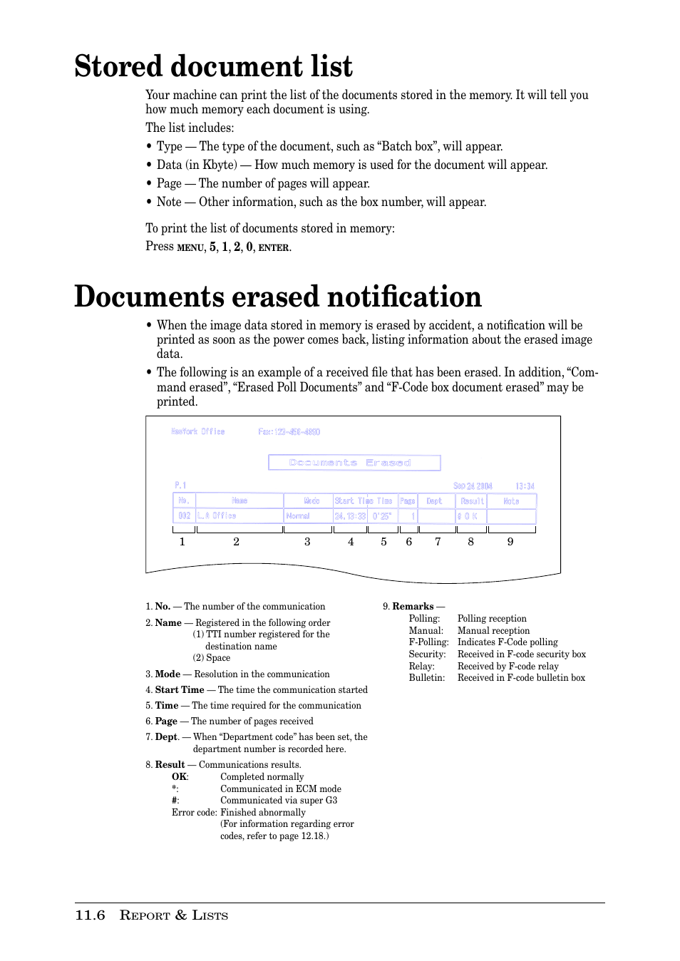 Stored document list, Documents erased notiﬁcation | Muratec PLAIN-PAPER DIGITAL FAX/COPIER/PRINTER/SCANNER MFX-1330 User Manual | Page 158 / 189