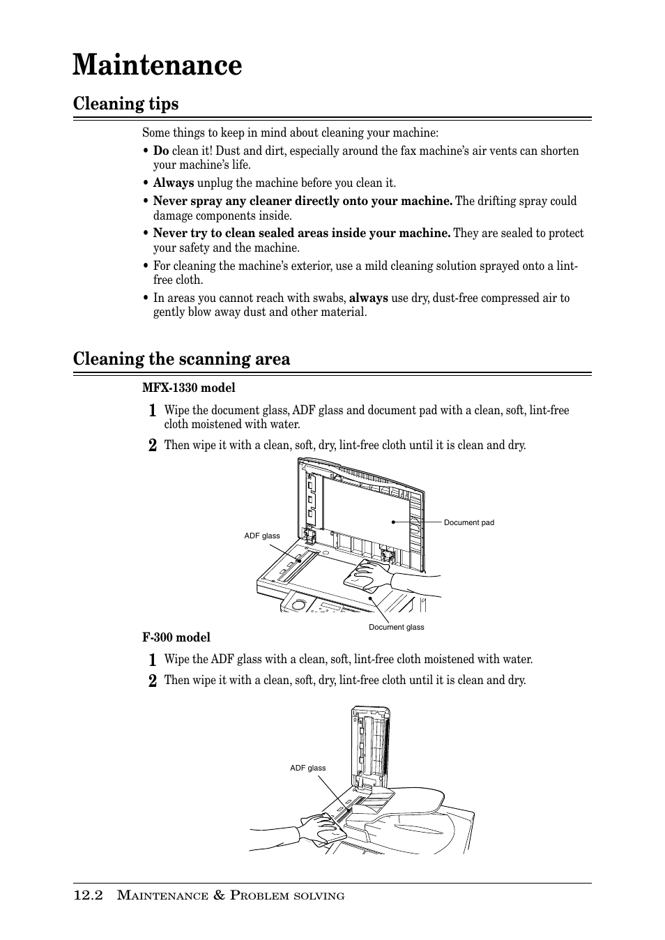 Maintenance, Cleaning tips, Cleaning the scanning area | Muratec PLAIN-PAPER DIGITAL FAX/COPIER/PRINTER/SCANNER MFX-1330 User Manual | Page 160 / 189