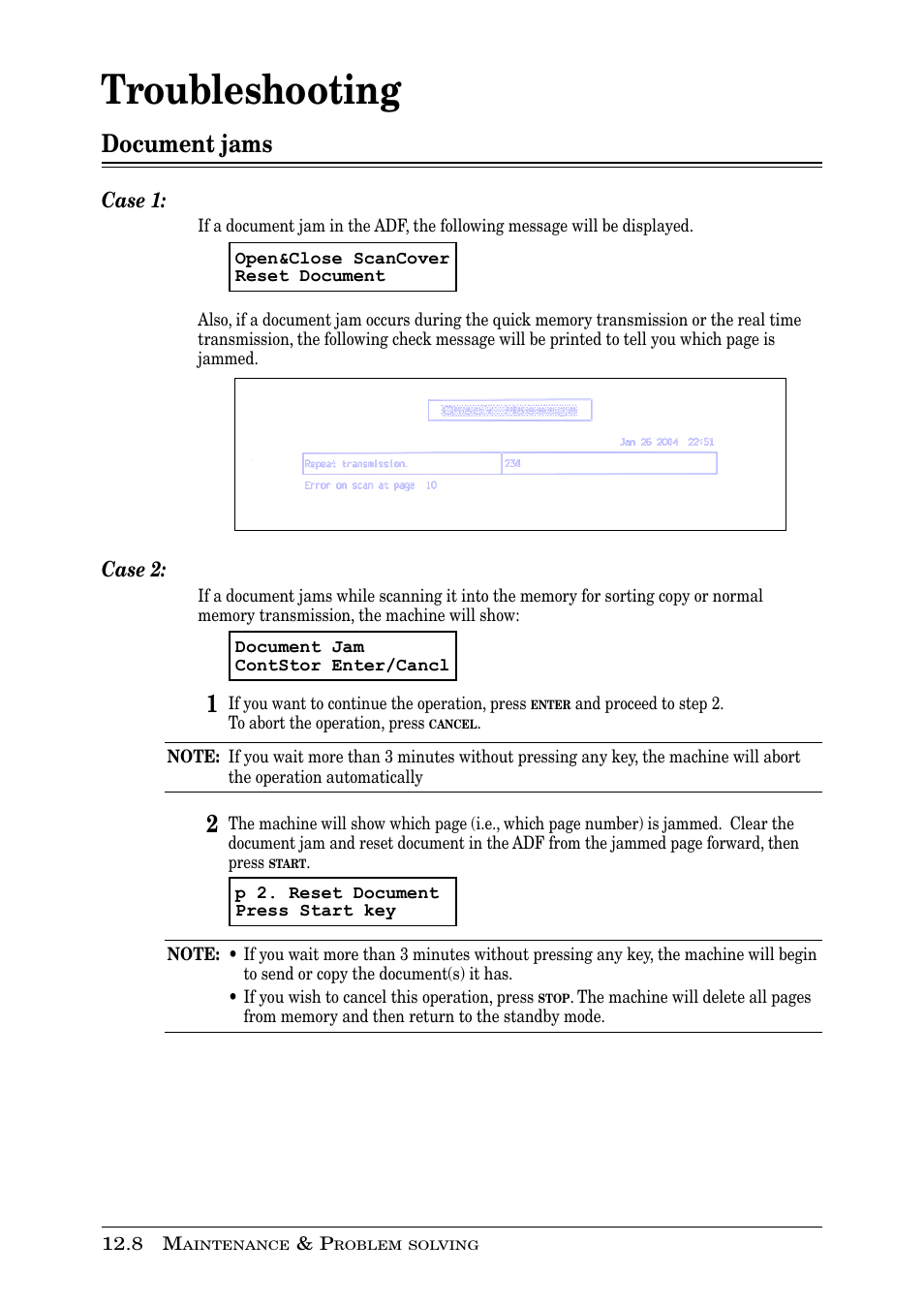 Troubleshooting, Document jams, Case 1 | Case 2 | Muratec PLAIN-PAPER DIGITAL FAX/COPIER/PRINTER/SCANNER MFX-1330 User Manual | Page 166 / 189