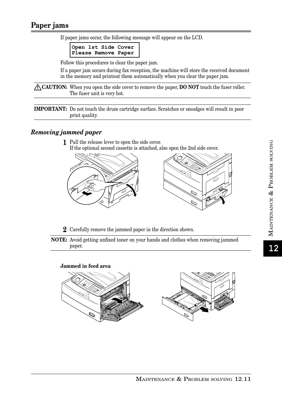 Paper jams, Removing jammed paper | Muratec PLAIN-PAPER DIGITAL FAX/COPIER/PRINTER/SCANNER MFX-1330 User Manual | Page 169 / 189