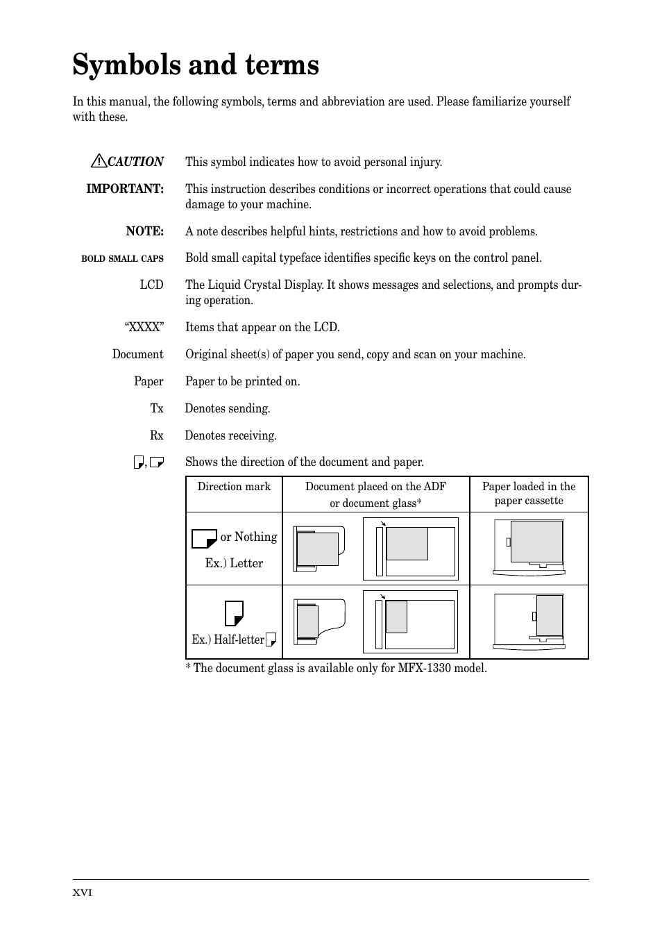 Symbols and terms | Muratec PLAIN-PAPER DIGITAL FAX/COPIER/PRINTER/SCANNER MFX-1330 User Manual | Page 18 / 189