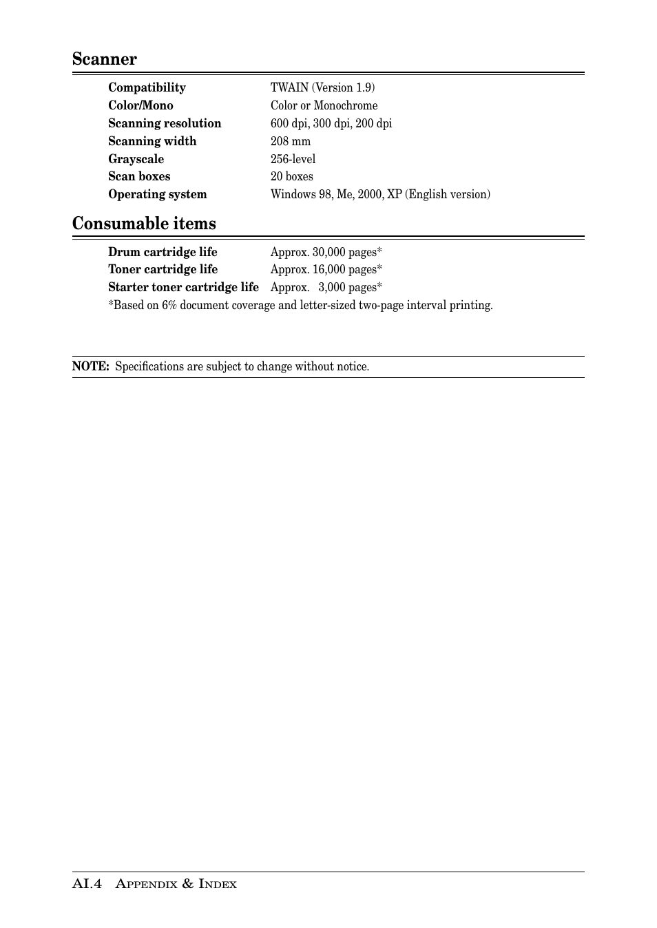 Scanner, Consumable items | Muratec PLAIN-PAPER DIGITAL FAX/COPIER/PRINTER/SCANNER MFX-1330 User Manual | Page 186 / 189