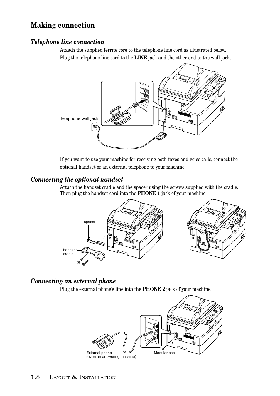 Making connection, Telephone line connection, Connecting the optional handset | Connecting an external phone | Muratec PLAIN-PAPER DIGITAL FAX/COPIER/PRINTER/SCANNER MFX-1330 User Manual | Page 26 / 189