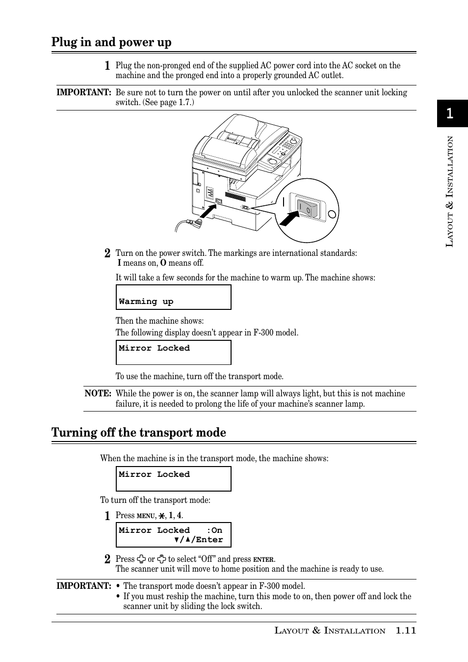 Plug in and power up 1, Turning off the transport mode | Muratec PLAIN-PAPER DIGITAL FAX/COPIER/PRINTER/SCANNER MFX-1330 User Manual | Page 29 / 189