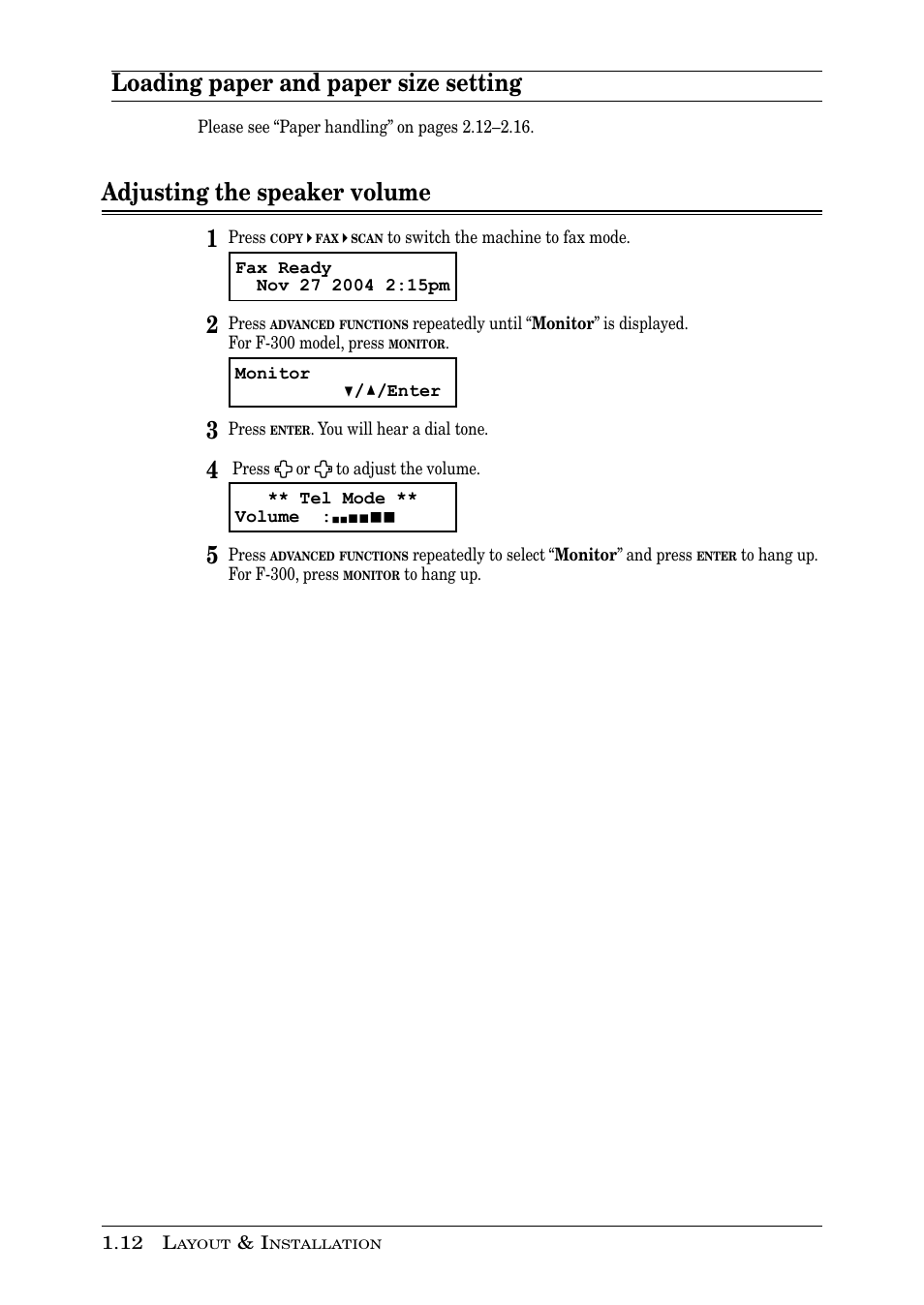 Loading paper and paper size setting, Adjusting the speaker volume 1 | Muratec PLAIN-PAPER DIGITAL FAX/COPIER/PRINTER/SCANNER MFX-1330 User Manual | Page 30 / 189