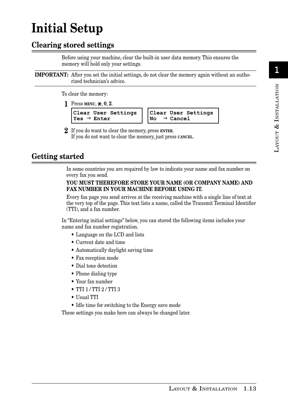Initial setup, Clearing stored settings, Getting started | Muratec PLAIN-PAPER DIGITAL FAX/COPIER/PRINTER/SCANNER MFX-1330 User Manual | Page 31 / 189