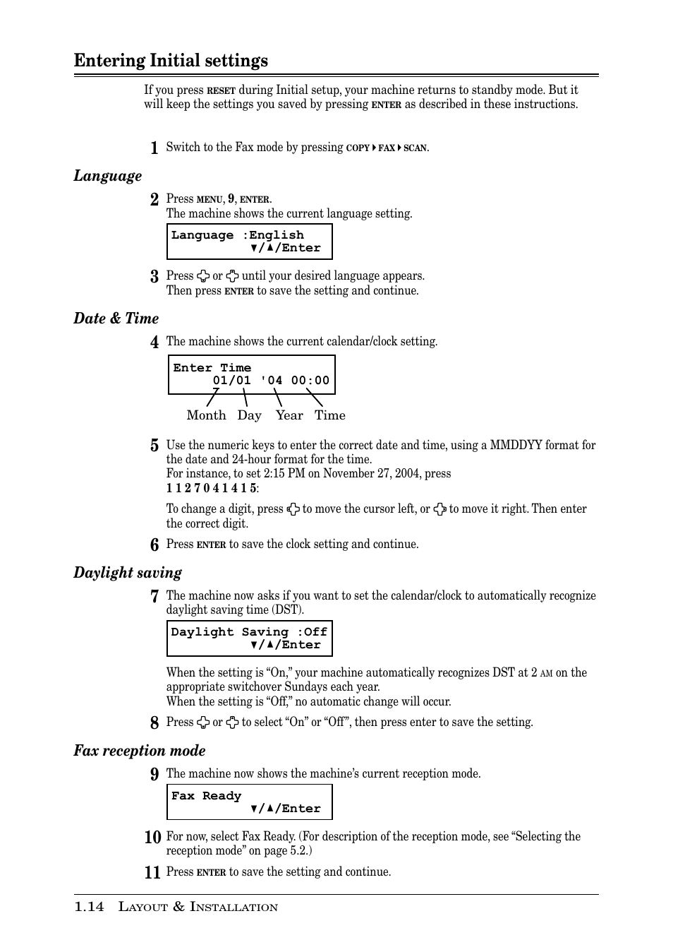 Entering initial settings | Muratec PLAIN-PAPER DIGITAL FAX/COPIER/PRINTER/SCANNER MFX-1330 User Manual | Page 32 / 189