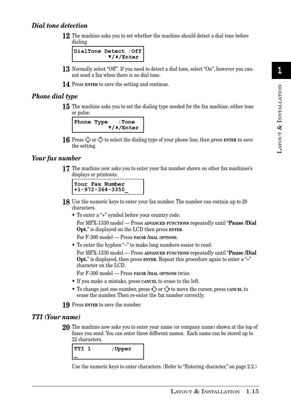 Dial tone detection, Phone dial type, Your fax number | Tti (your name) | Muratec PLAIN-PAPER DIGITAL FAX/COPIER/PRINTER/SCANNER MFX-1330 User Manual | Page 33 / 189