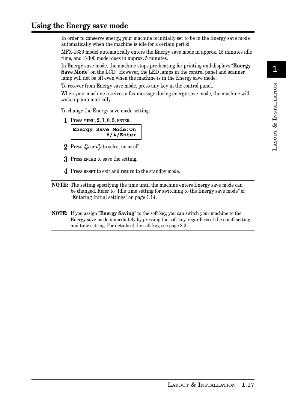 Using the energy save mode | Muratec PLAIN-PAPER DIGITAL FAX/COPIER/PRINTER/SCANNER MFX-1330 User Manual | Page 35 / 189